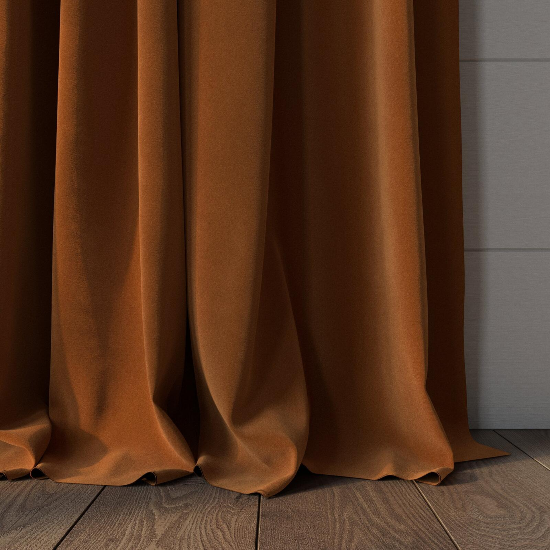 Bottom view of Verbier Terra, puddled, on curtain rod