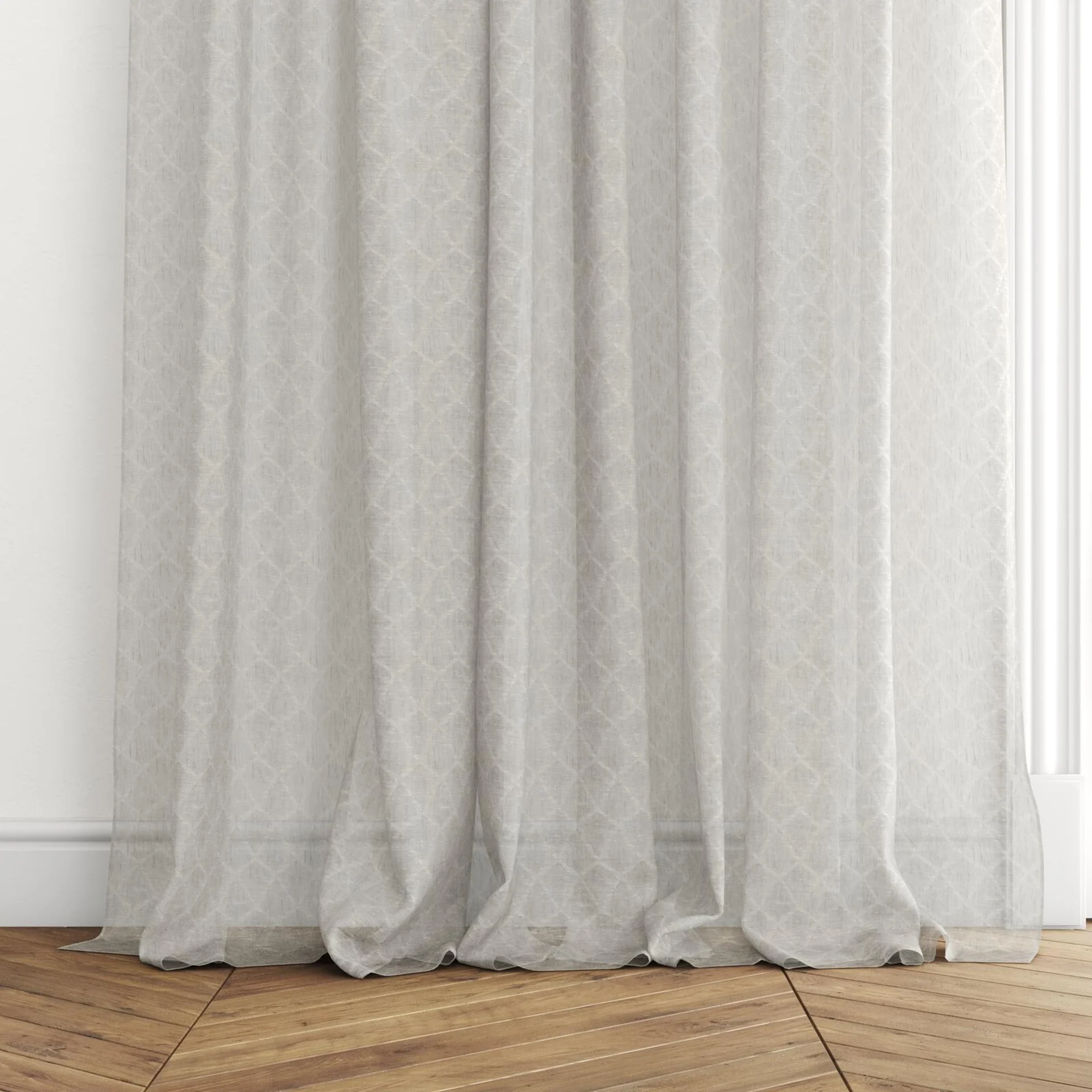 Bottom view of Marie Mist, puddled with pinch pleat, on curtain rod