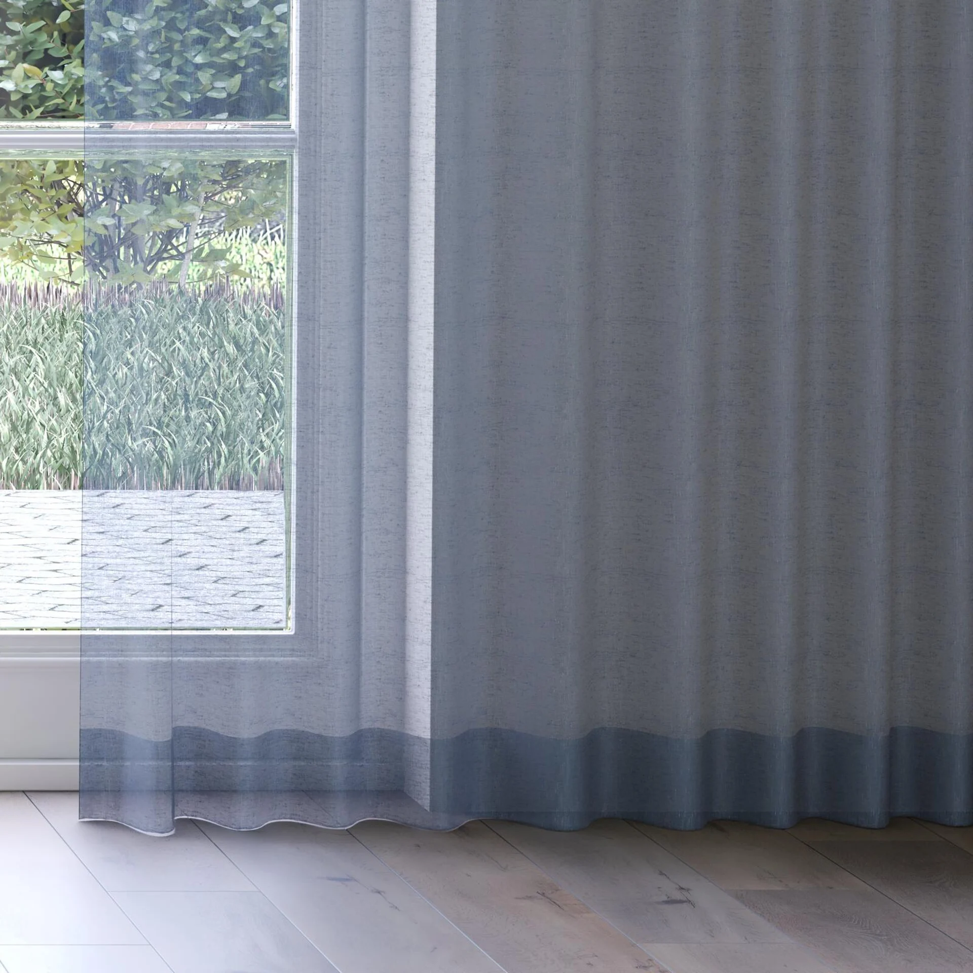 Bottom view of Graceful Denim, on curtain rail