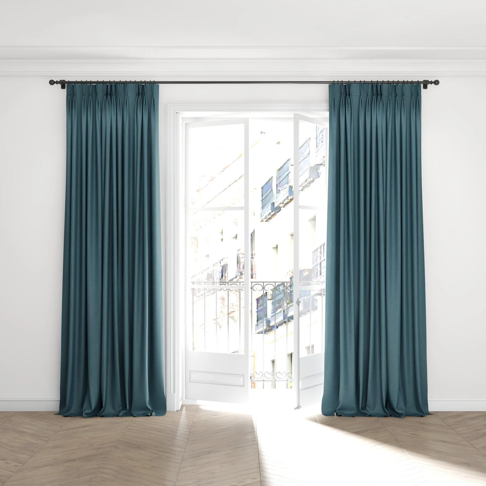 Full view of Casual Duckegg, puddled with pinch pleat, on curtain rod