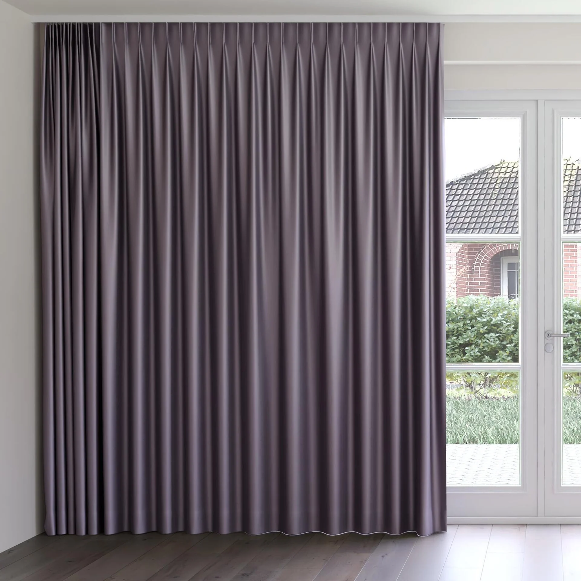 Front view of Moonbeam Plum, on curtain rail