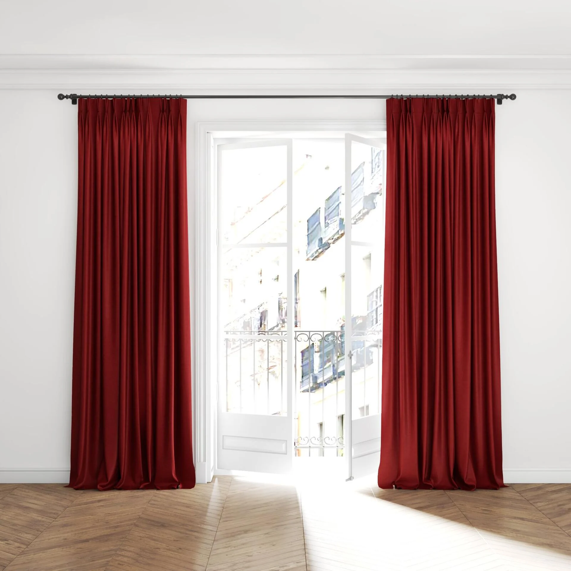 Full view of Drama Pompeian, puddled with pinch pleat, on curtain rod