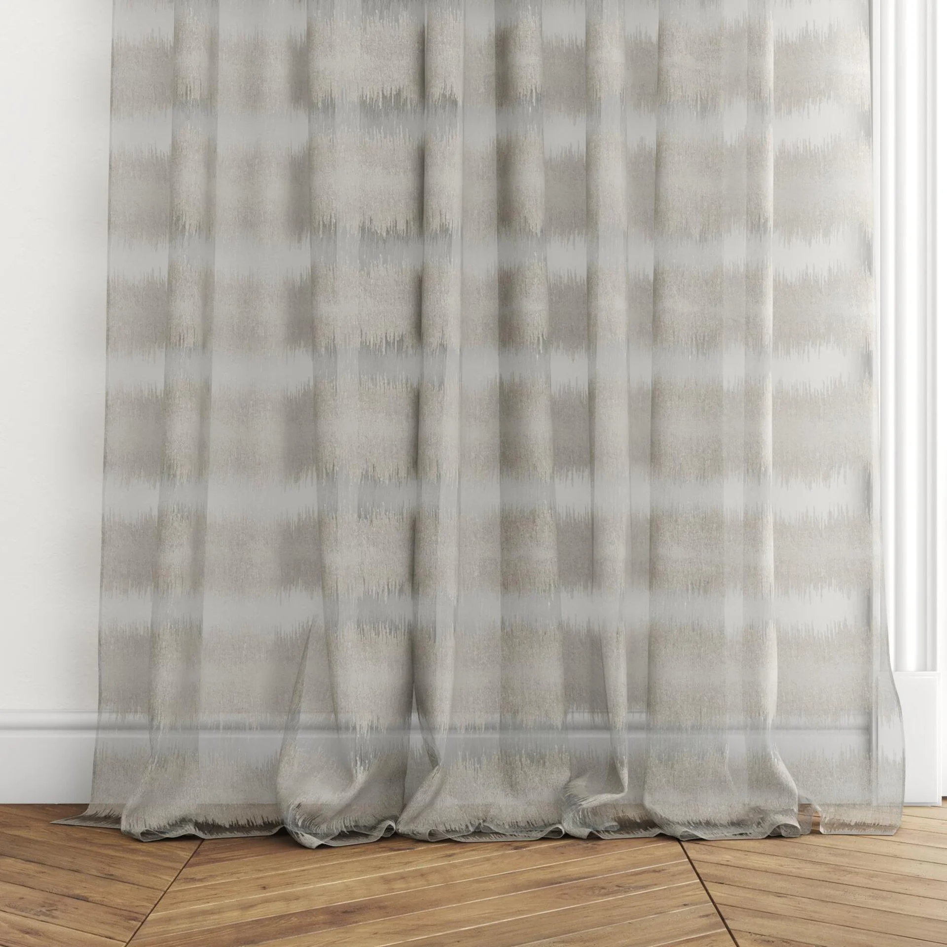 Bottom view of Speed Plaza, puddled with pinch pleat, on curtain rod