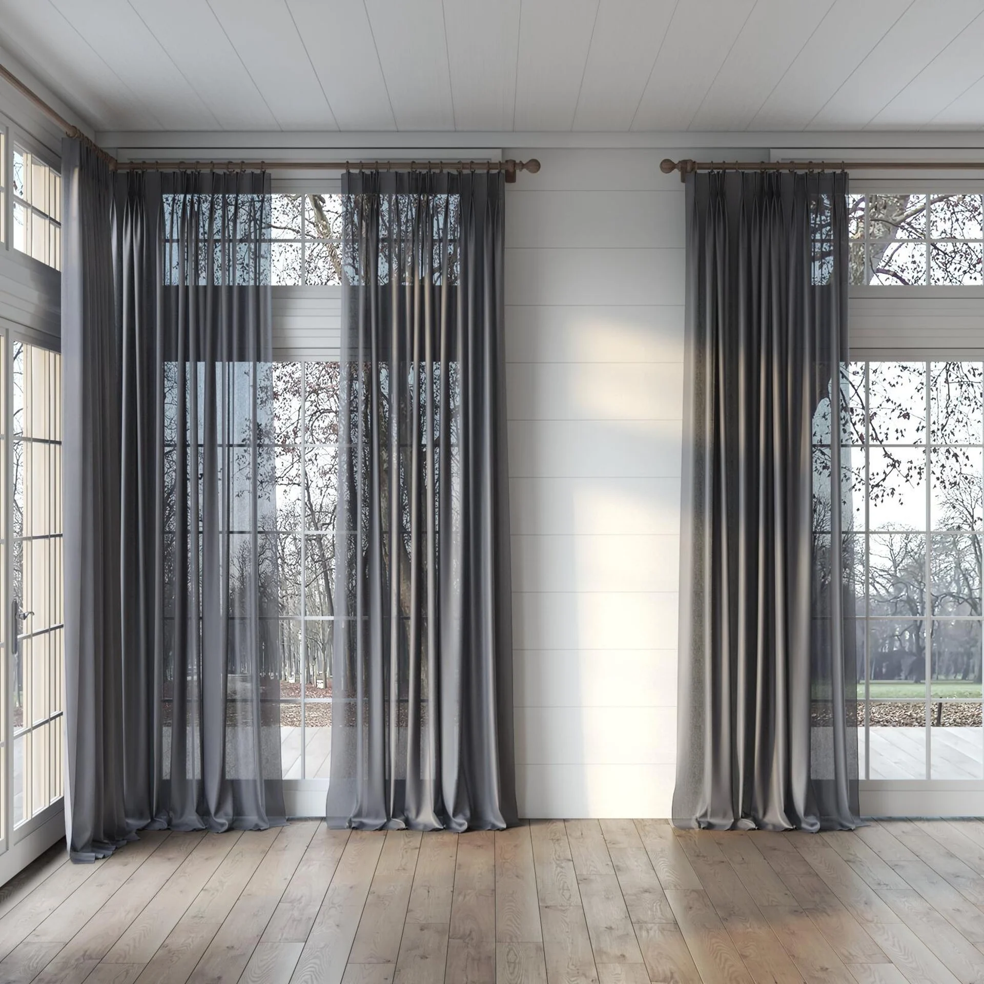 Full view of Malaga Charcoal, puddled, on curtain rod