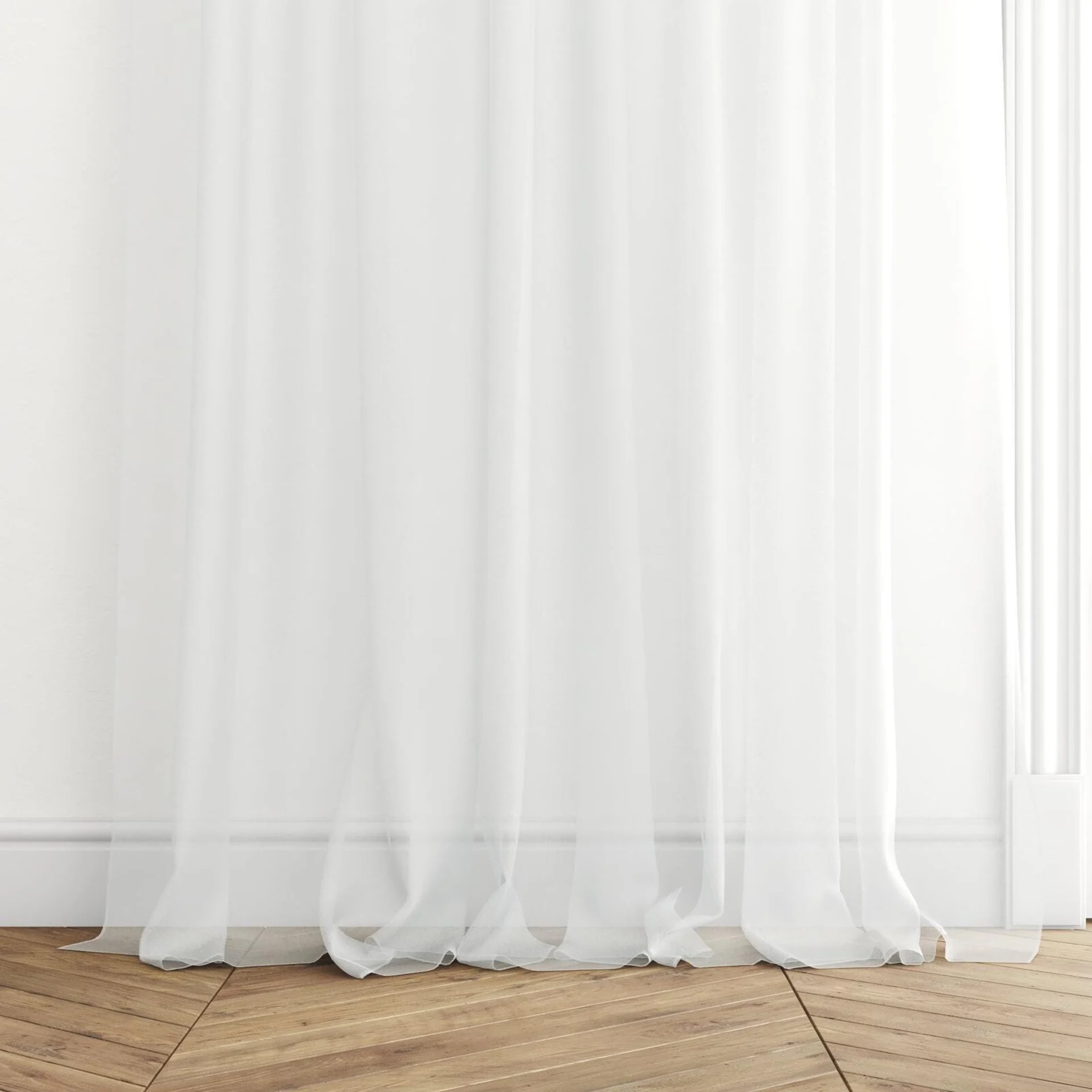 Bottom view of Mode FR Ivory, puddled with pinch pleat, on curtain rod