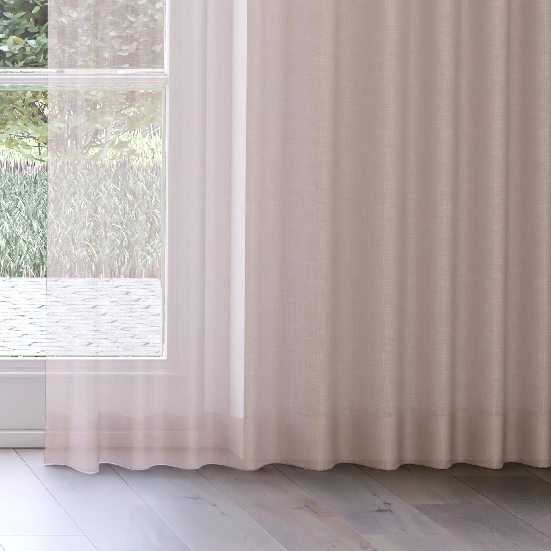 Bottom view of Kumo Recycled Blush, on curtain rail