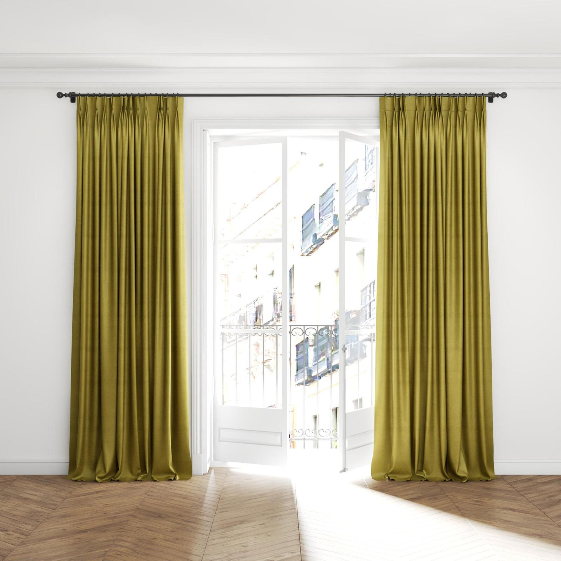 Full view of Baron Moss, puddled with pinch pleat, on curtain rod