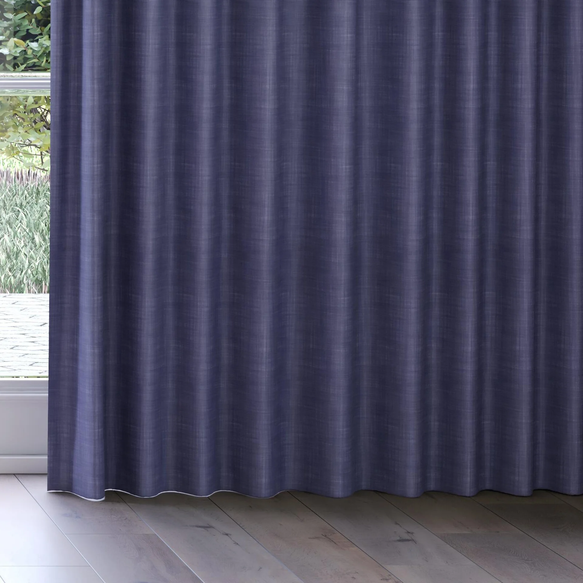 Bottom view of Loci Dim Out Denim, on curtain rail