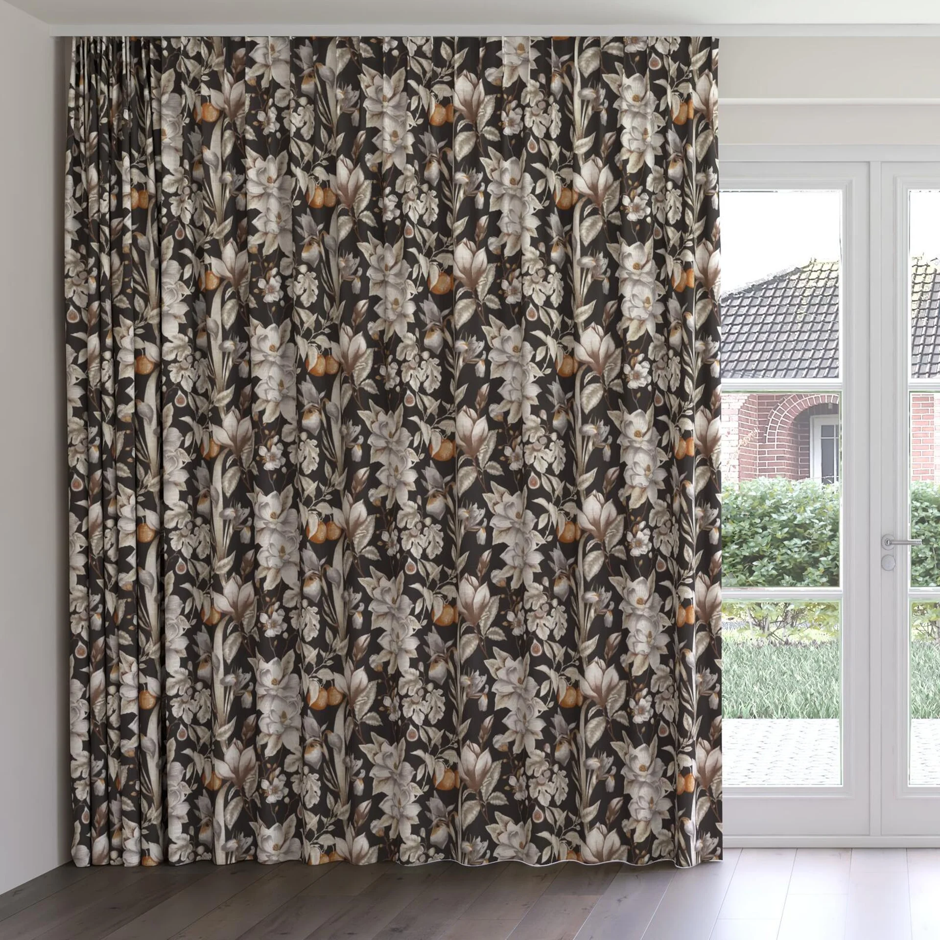 Front view of Botanist Sepia, on curtain rail