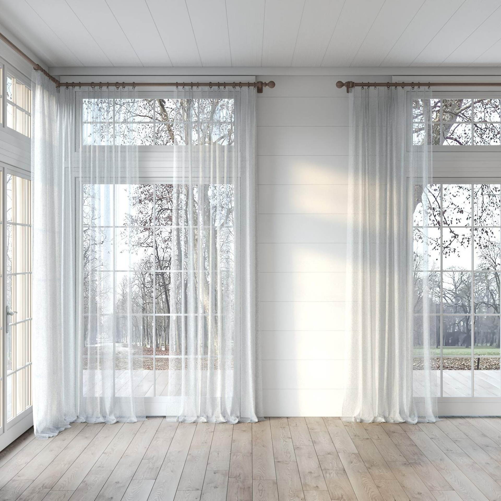 Full view of Kensho Terrazzo, puddled, on curtain rod