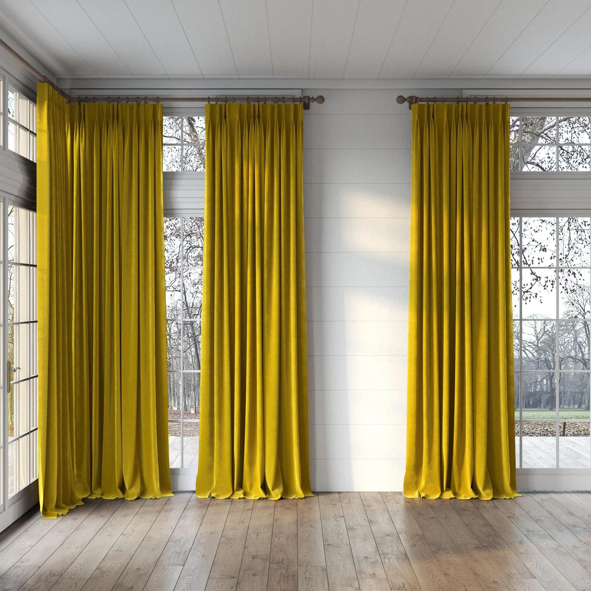 Full view of Lux Velvet Honey 8206, puddled, on curtain rod