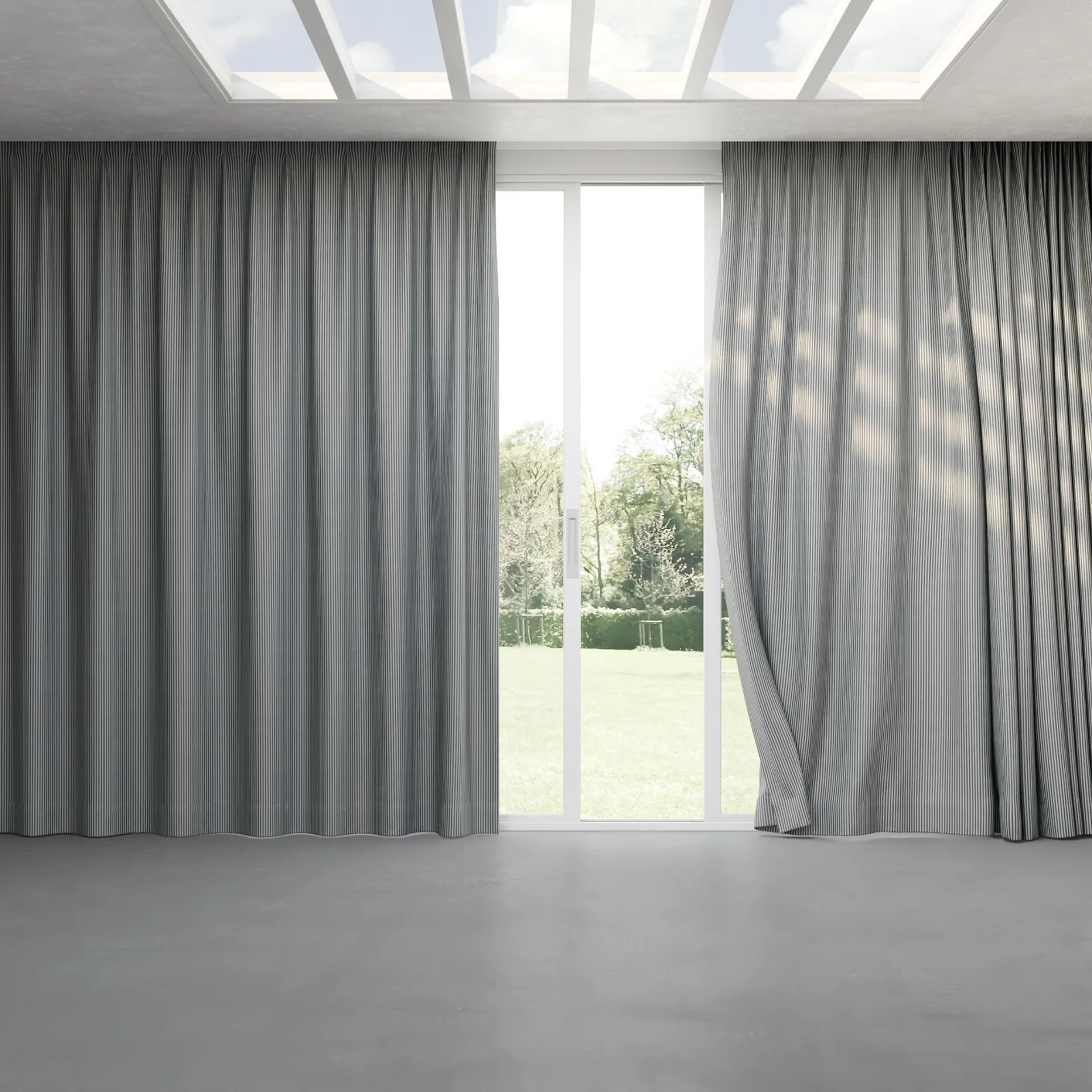 Full view of Nodulous Titanium, pinch pleat