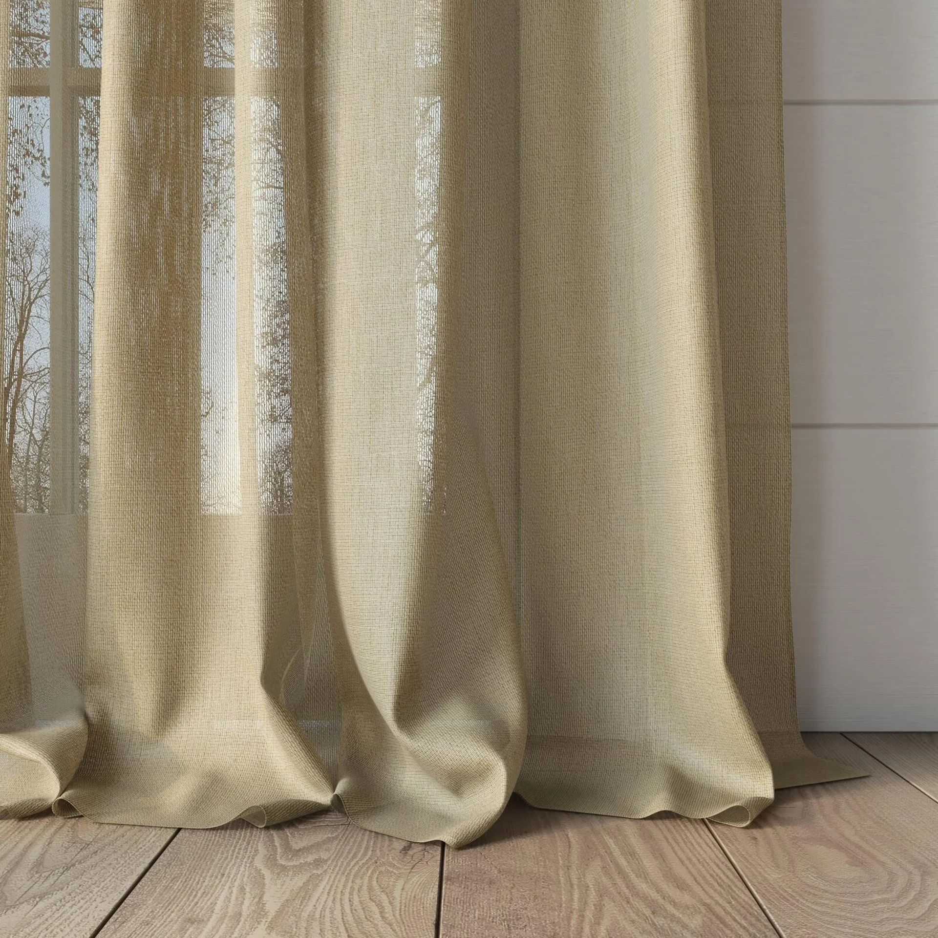 Bottom view of Jermian Gold, puddled, on curtain rod