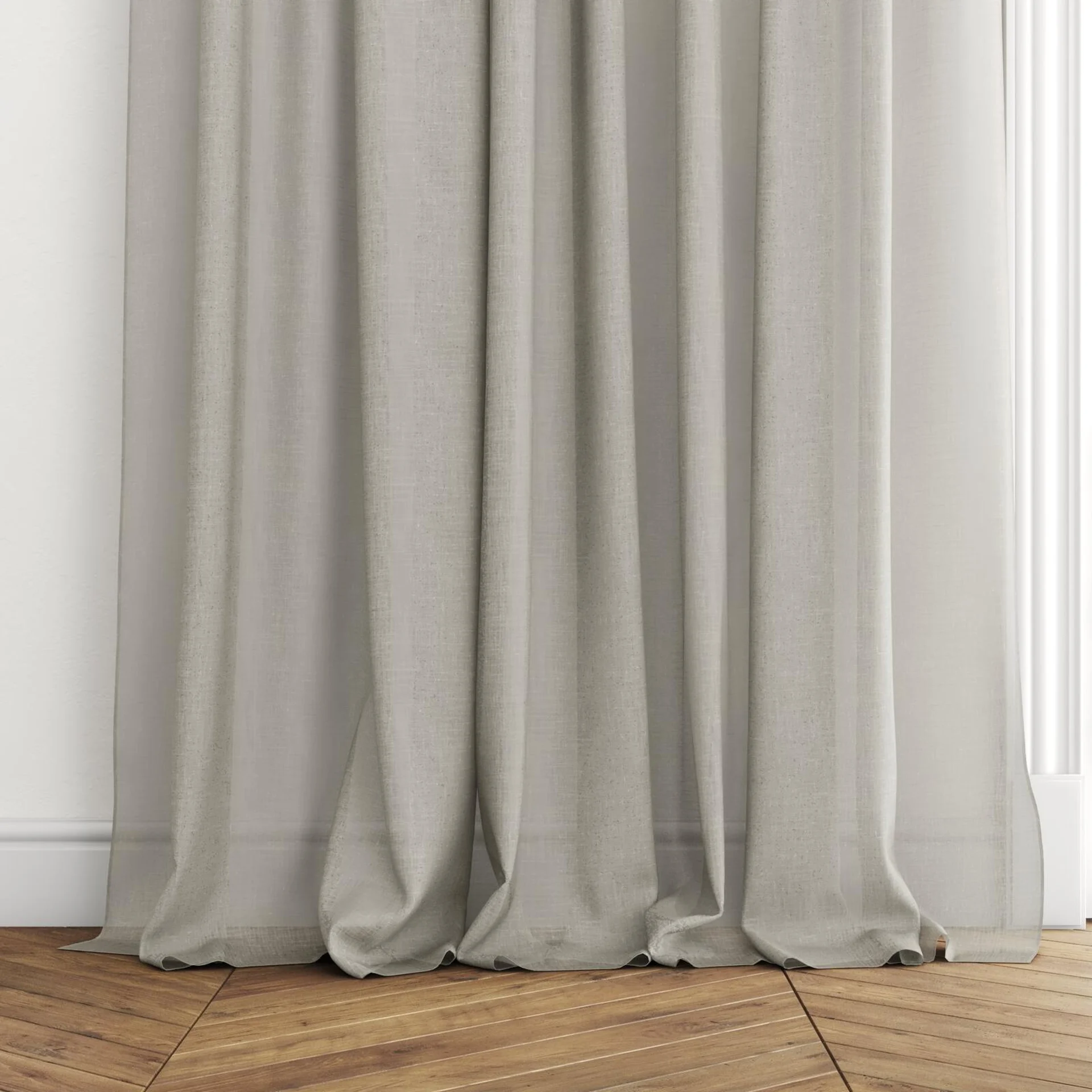 Bottom view of Uno Fresco, puddled with pinch pleat, on curtain rod