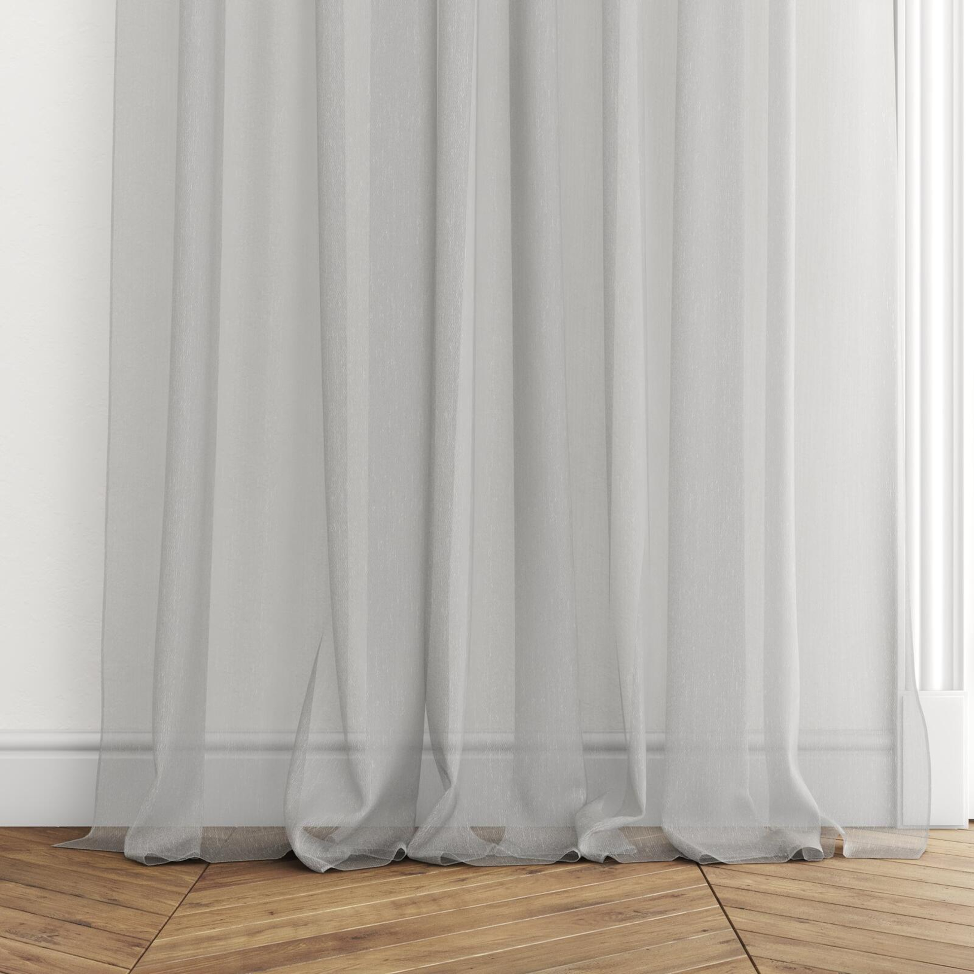 Bottom view of Cascade FR Feather, puddled with pinch pleat, on curtain rod