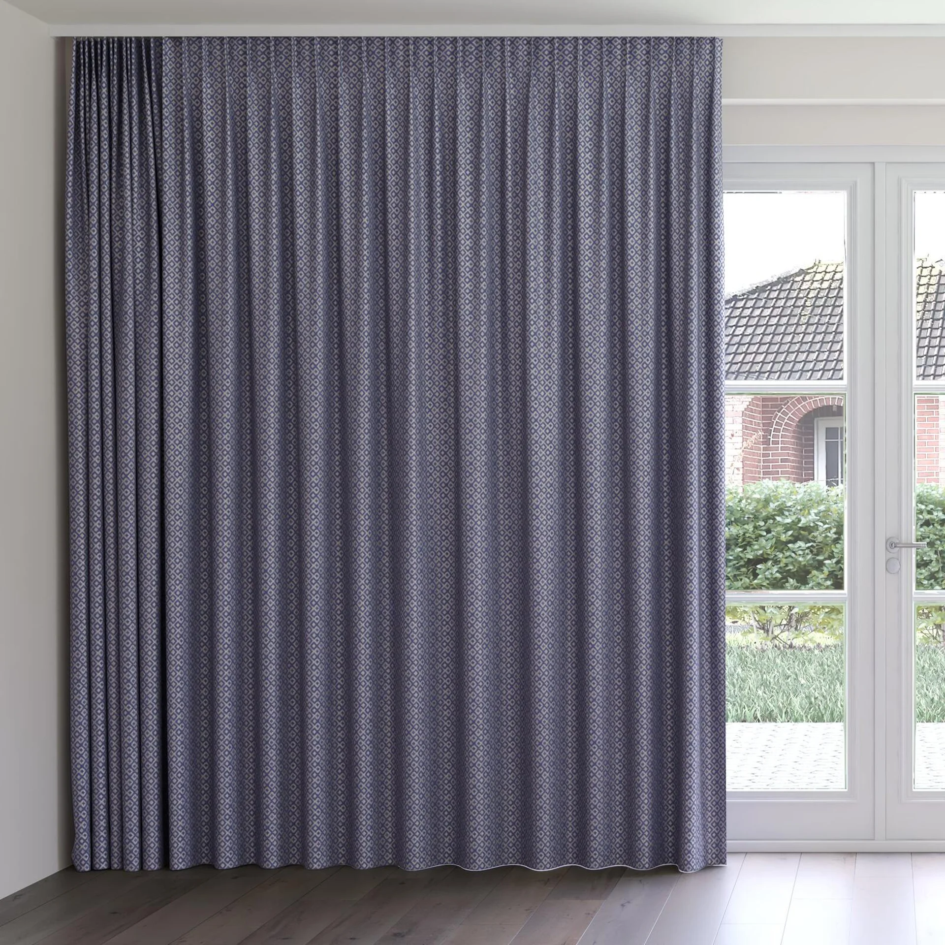 Front view of Daytona Denim, on curtain rail