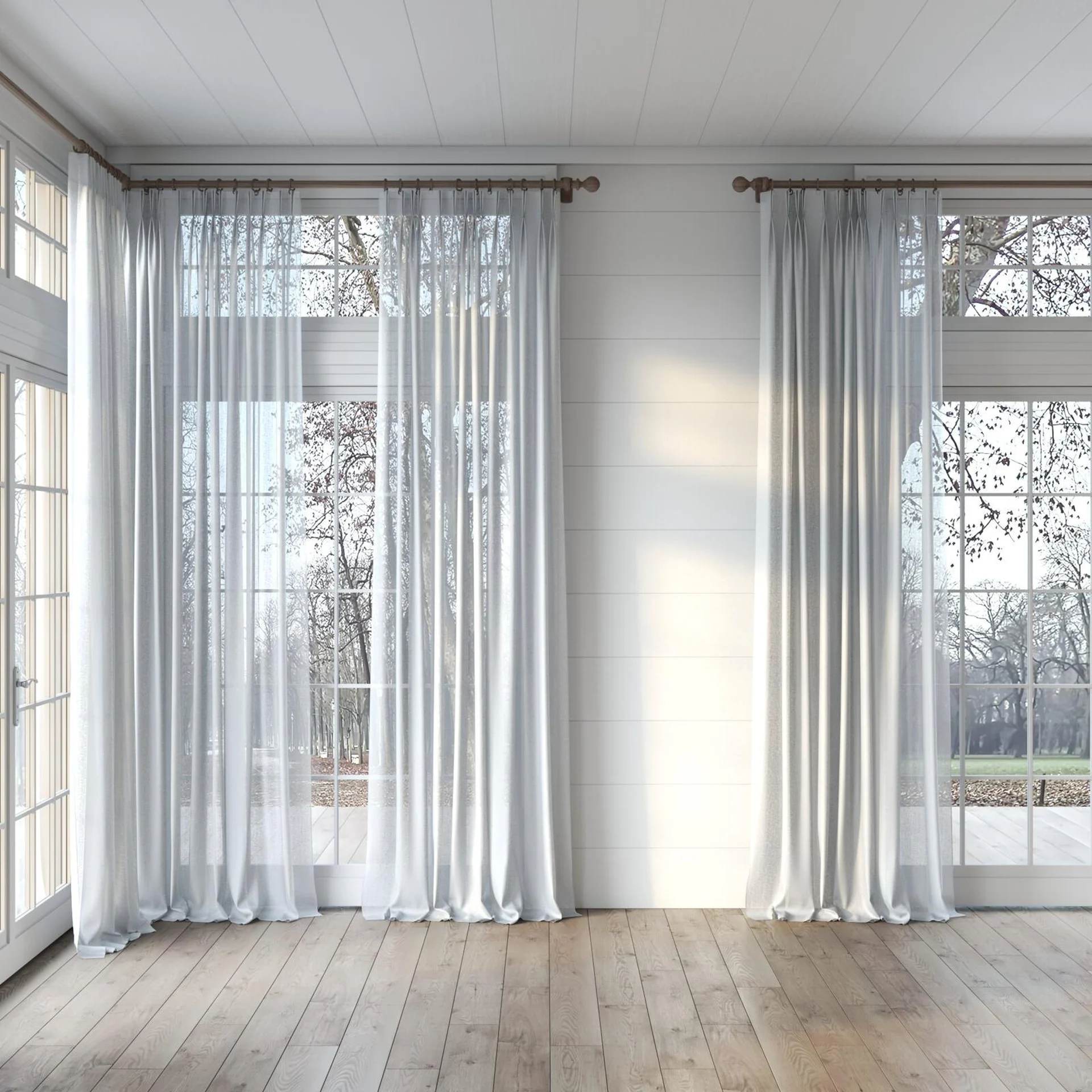 Full view of Kanso Stonewash Dove Grey, puddled, on curtain rod