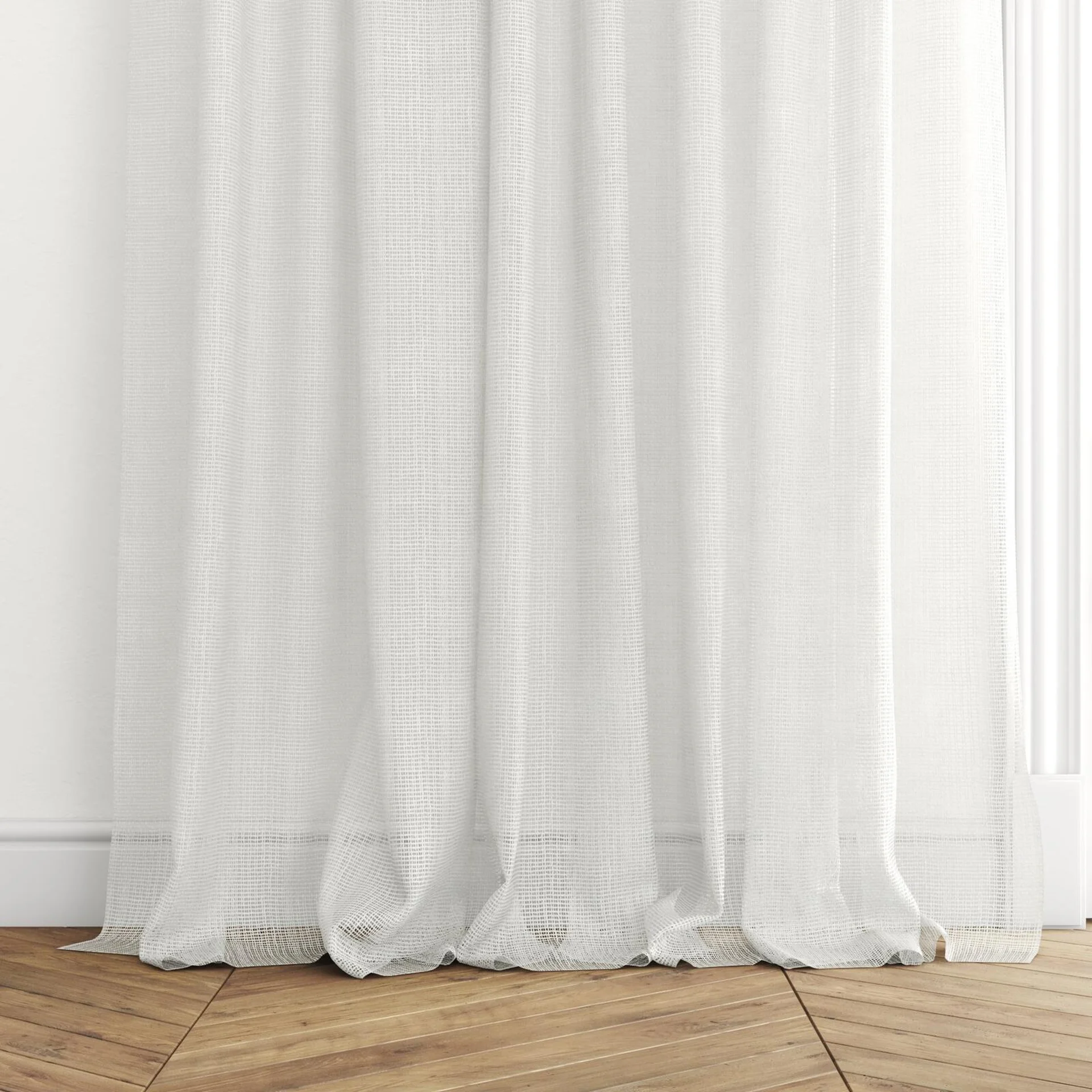 Bottom view of Jabberwocky Pearl, puddled with pinch pleat, on curtain rod