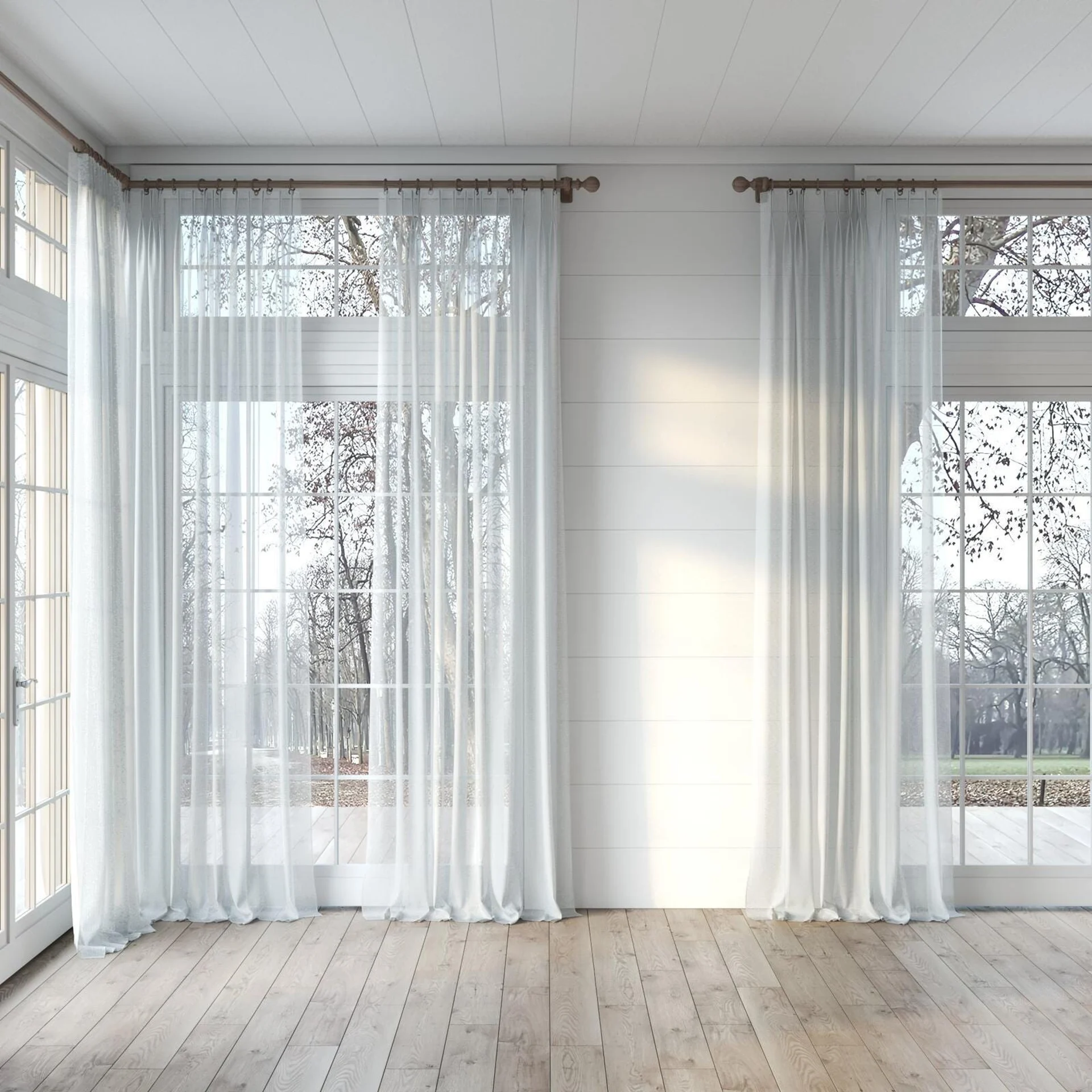 Full view of Antipodes Aqua, puddled, on curtain rod