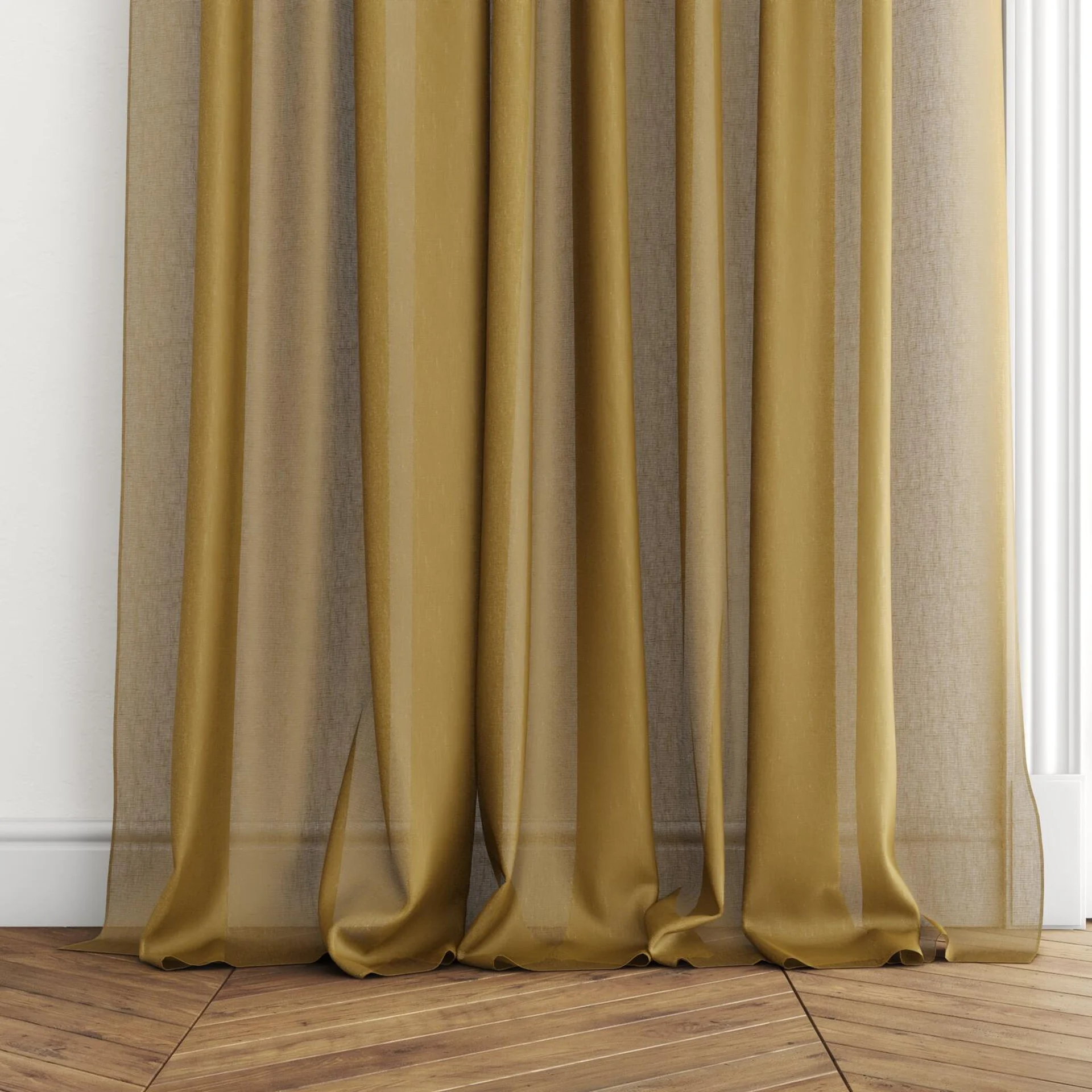 Bottom view of Reverie Ochre, puddled with pinch pleat, on curtain rod