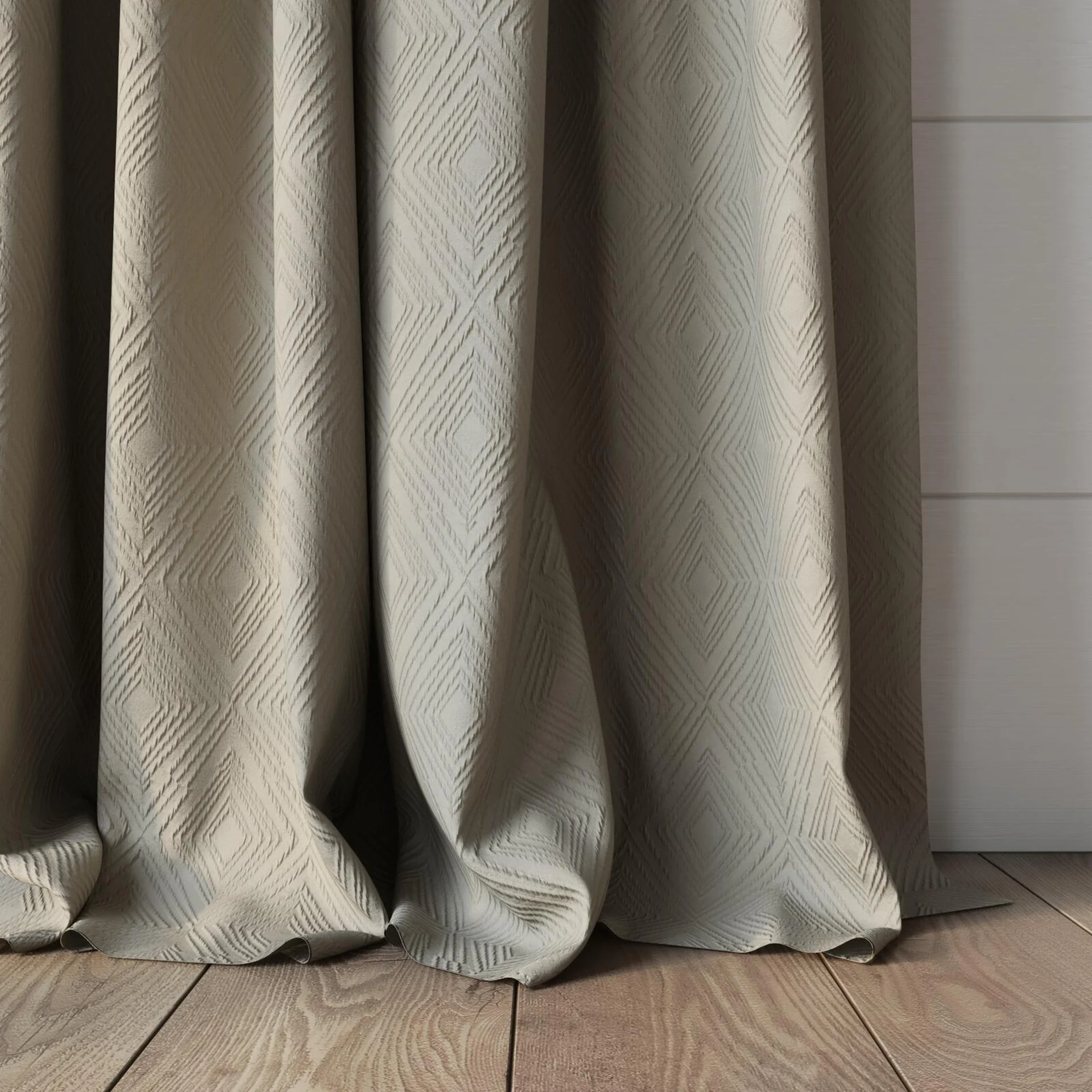 Bottom view of Senza Linen, puddled, on curtain rod