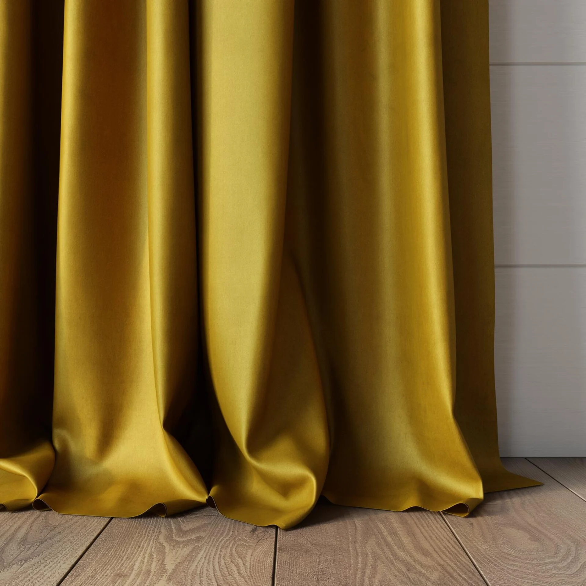 Bottom view of Warlock Gold, puddled, on curtain rod