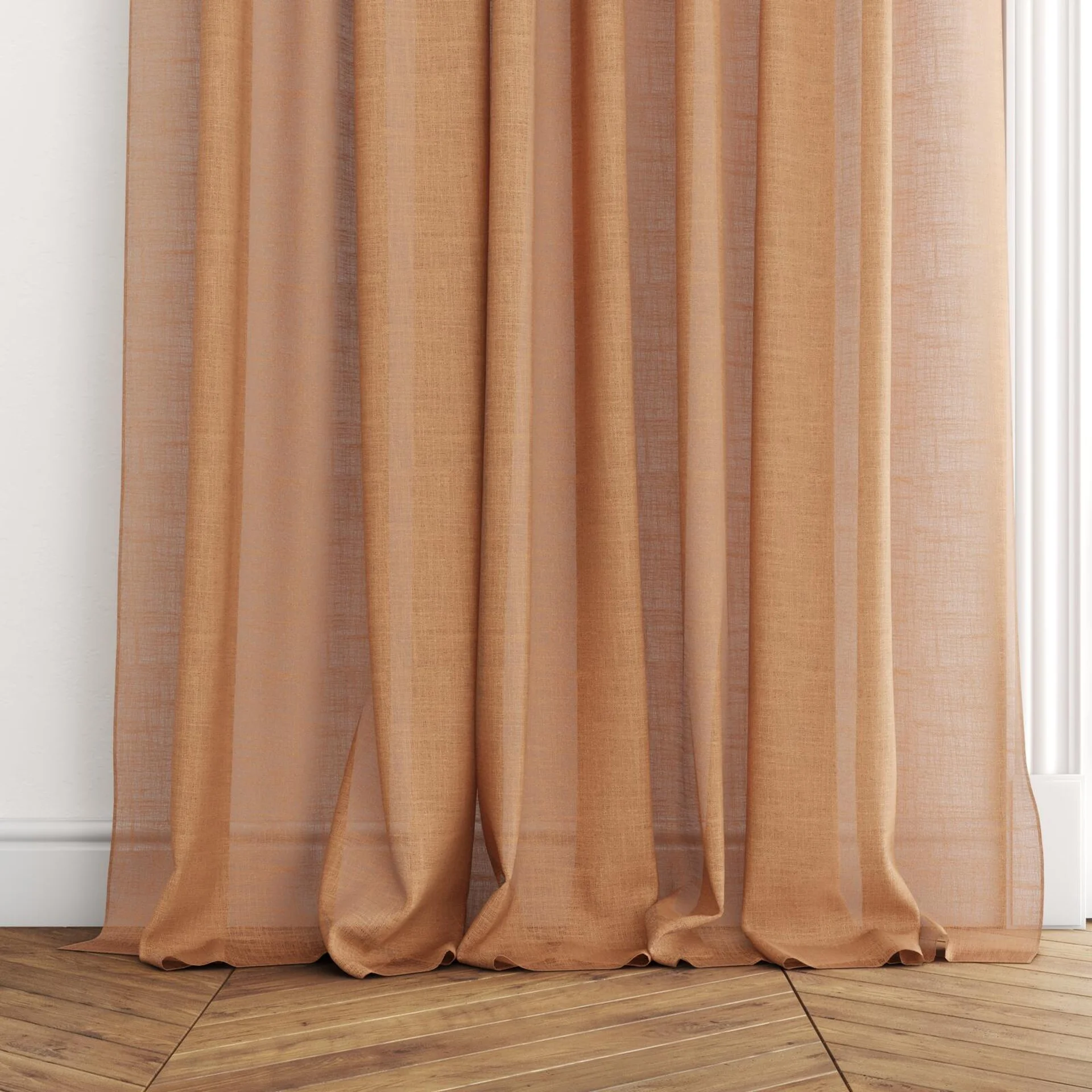 Bottom view of Verdant Sienna, puddled with pinch pleat, on curtain rod