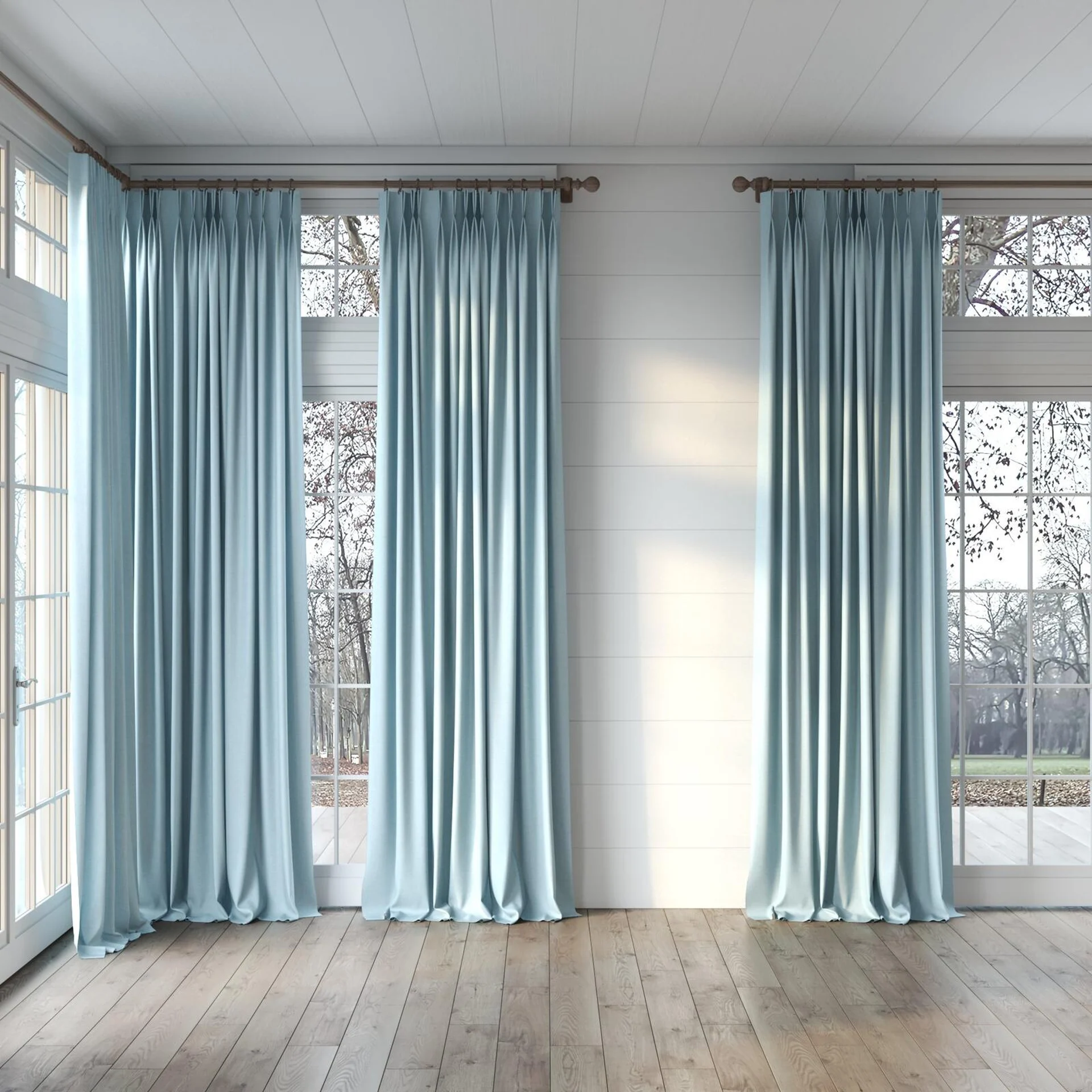 Full view of Cushy Surf, puddled, on curtain rod