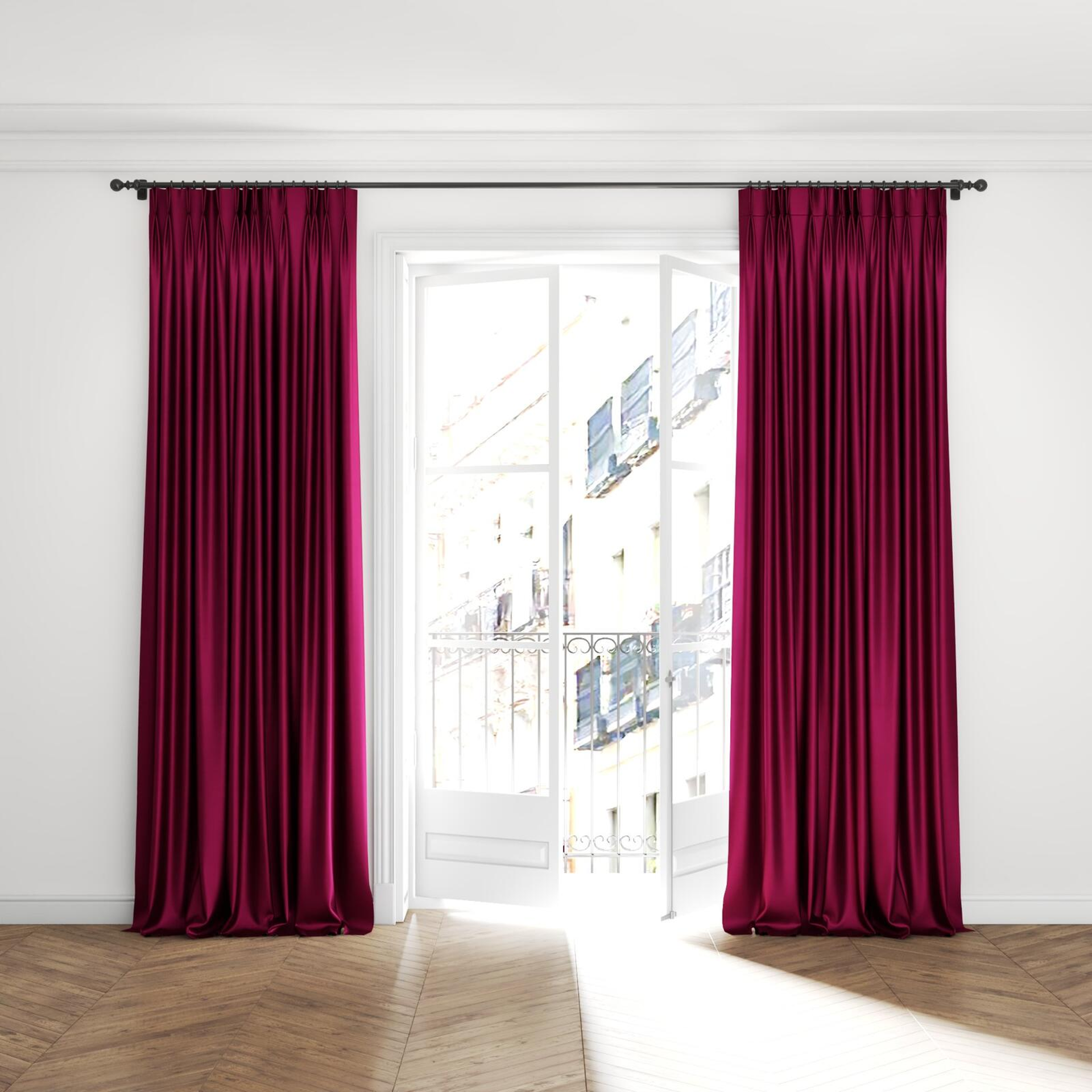 Full view of Mont Blanc Azalea, puddled with pinch pleat, on curtain rod