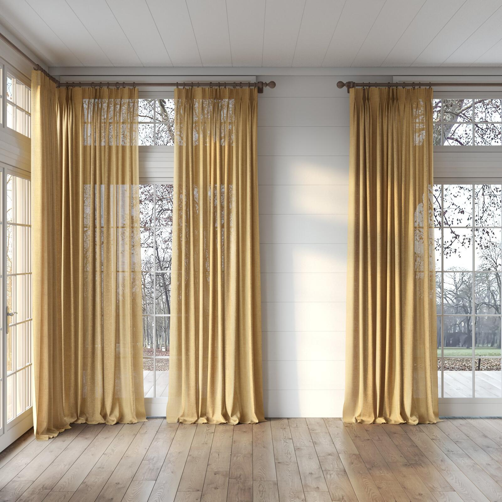 Full view of Motion Gold, puddled, on curtain rod