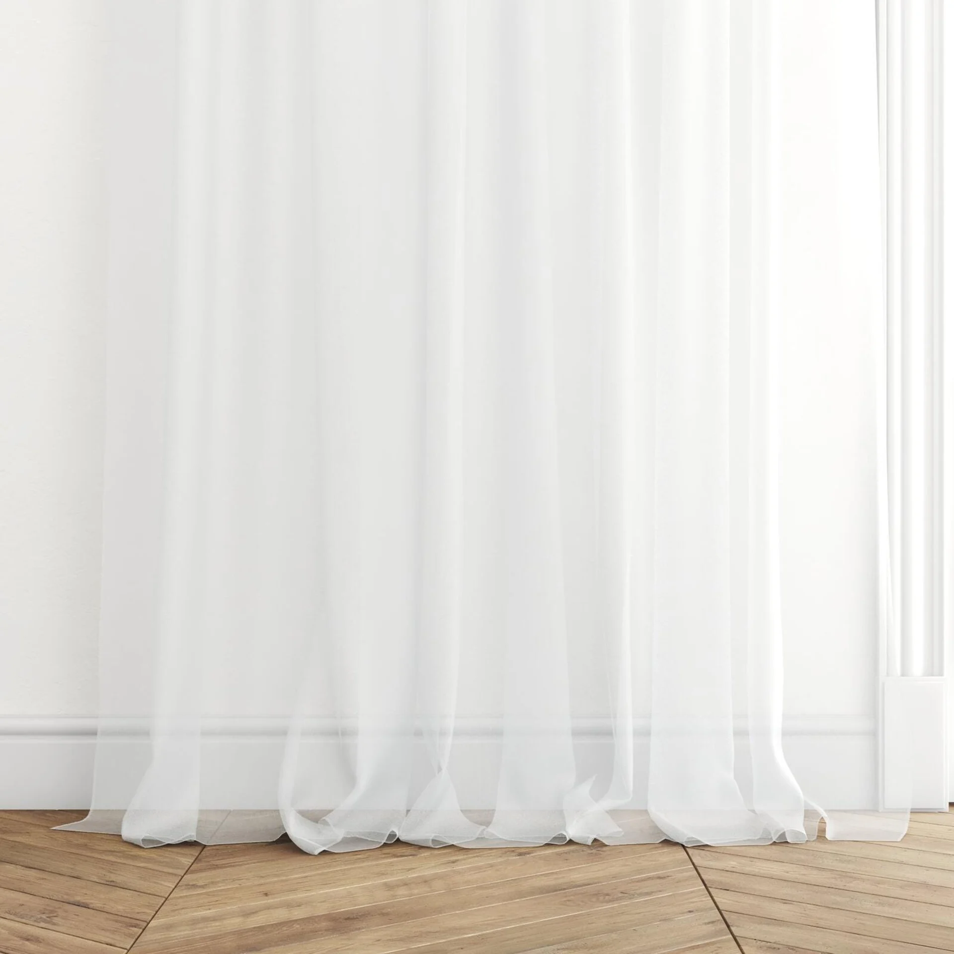 Bottom view of Mode FR White, puddled with pinch pleat, on curtain rod