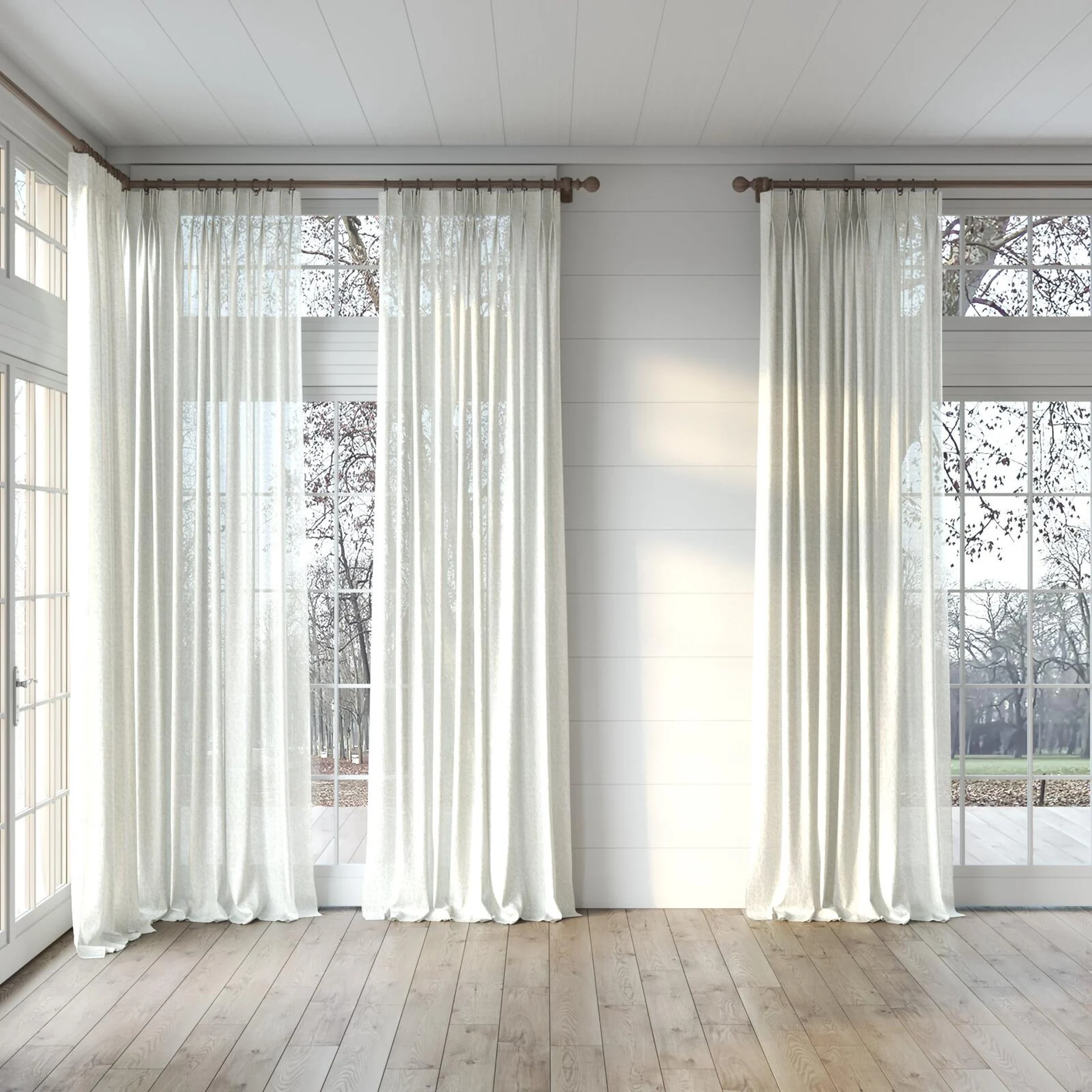 Full view of Metallique Alabaster, puddled, on curtain rod