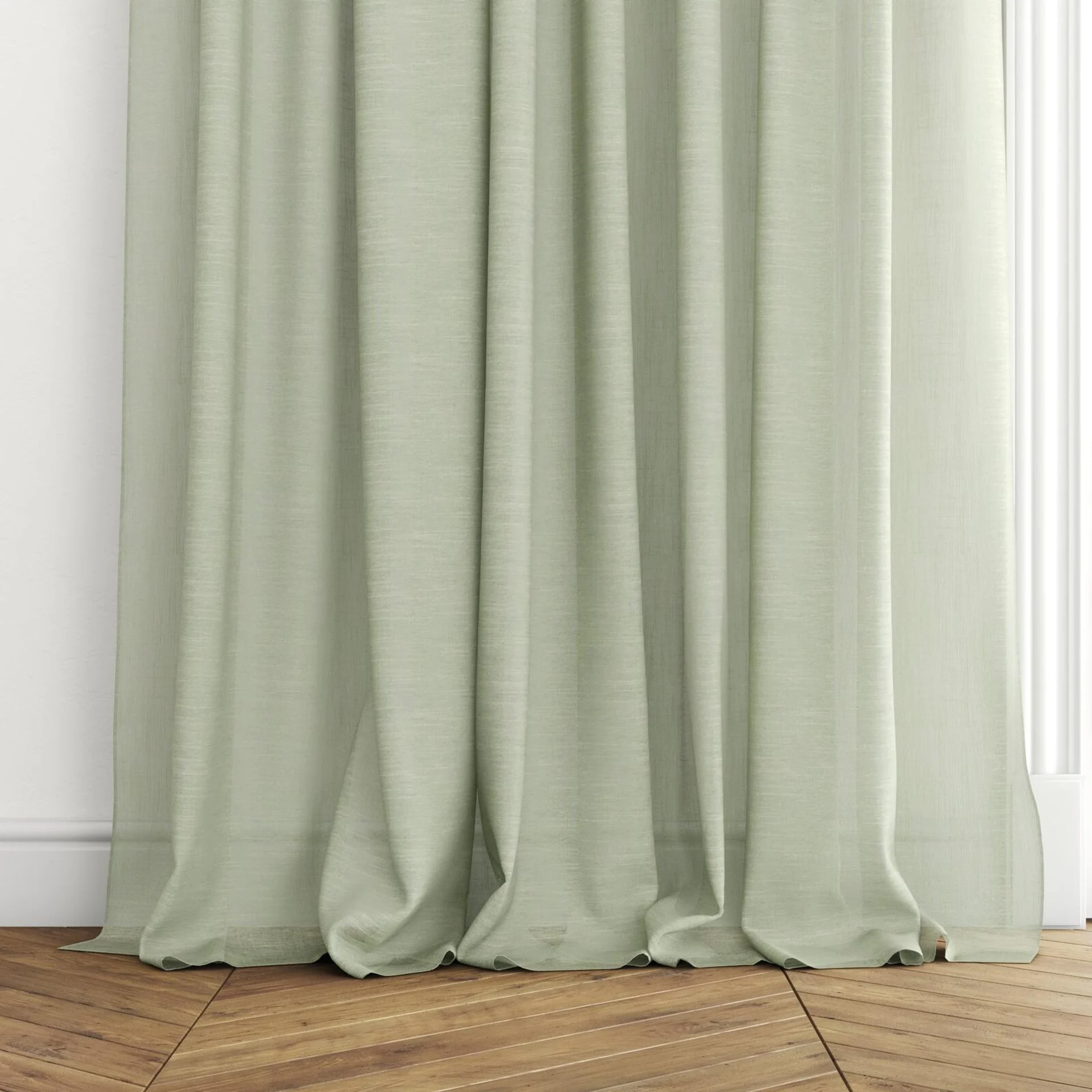 Bottom view of Angelic Pear, puddled with pinch pleat, on curtain rod