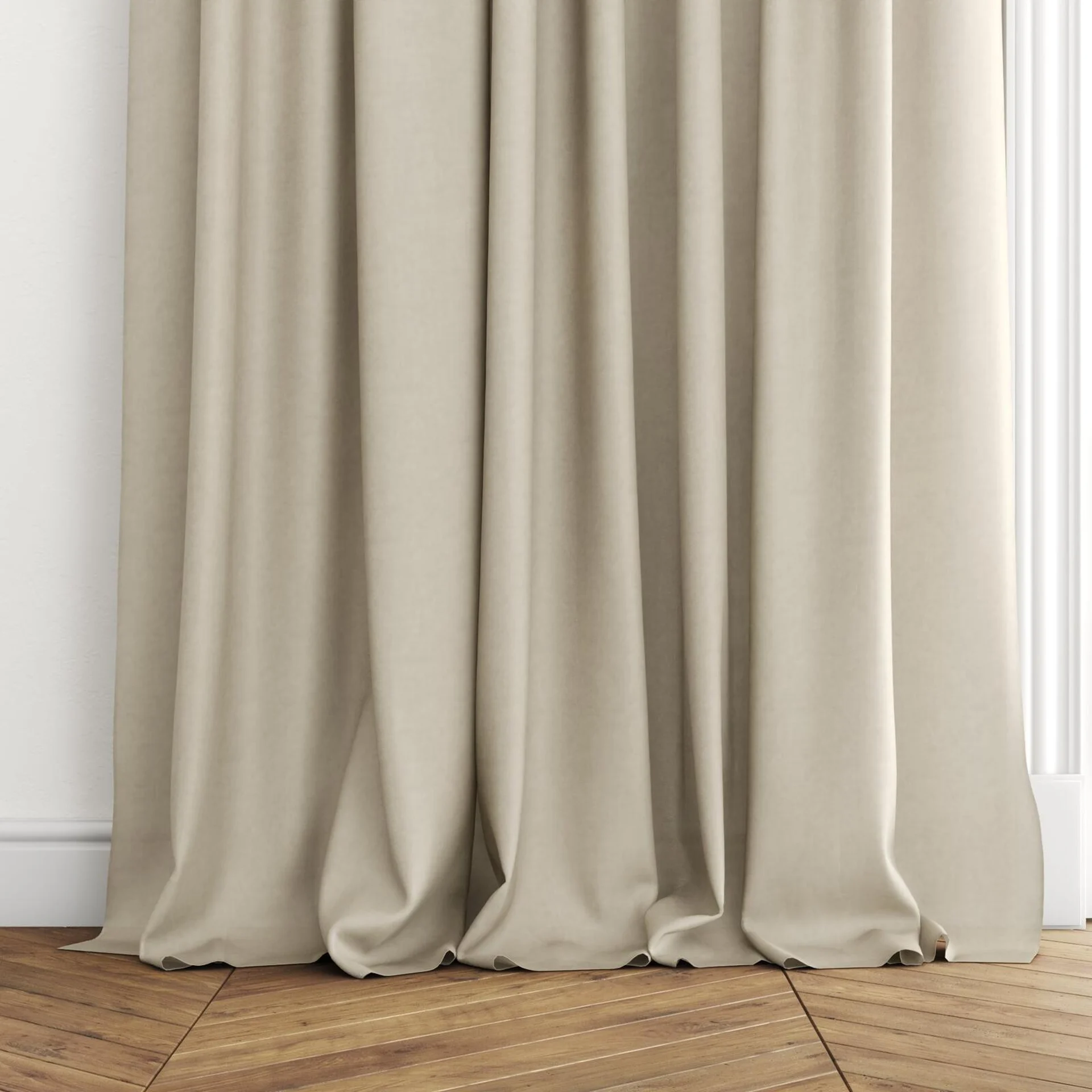 Bottom view of Flo II Plaza, puddled with pinch pleat, on curtain rod