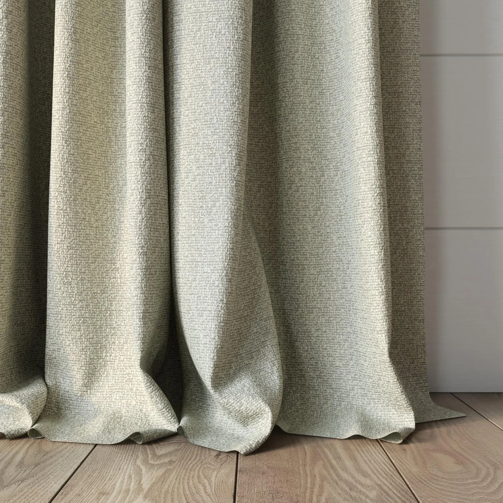 Bottom view of Sabik Flax, puddled, on curtain rod