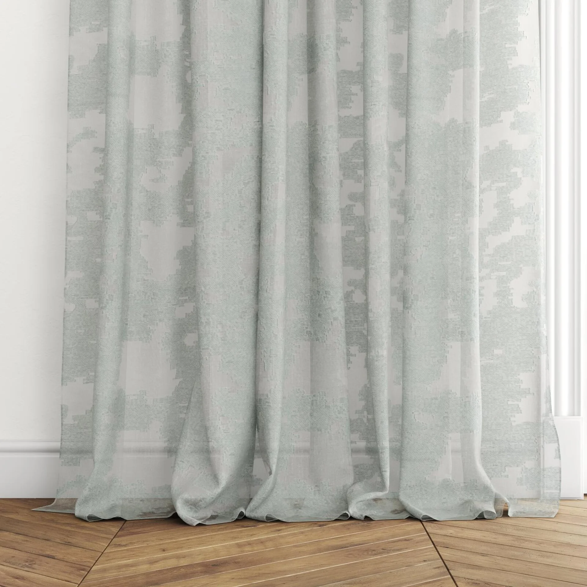 Bottom view of Triora Sky, puddled with pinch pleat, on curtain rod