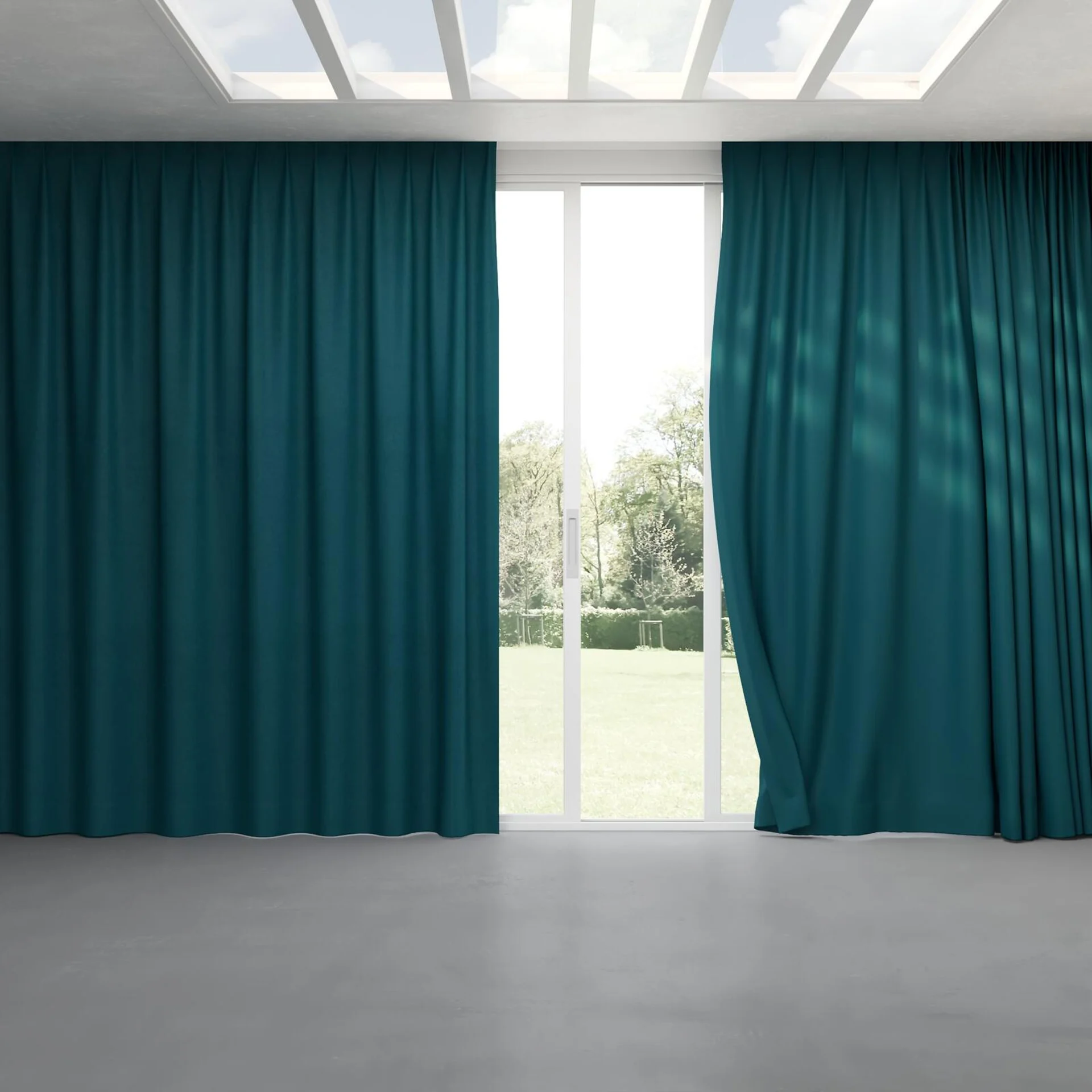 Full view of Moon Teal, pinch pleat
