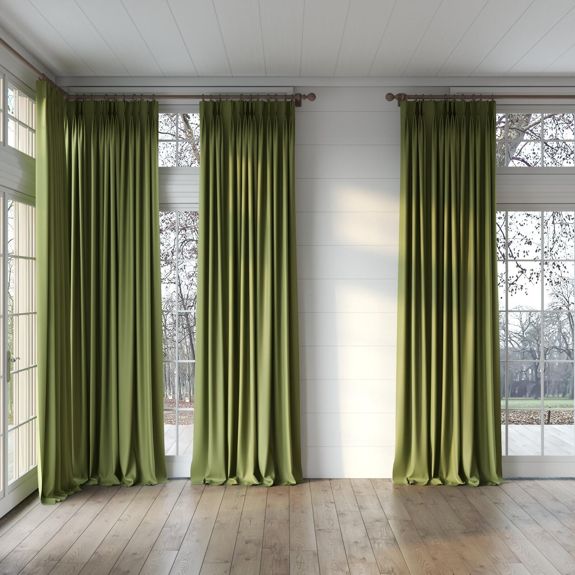 Full view of Blockbuster Pesto, puddled, on curtain rod