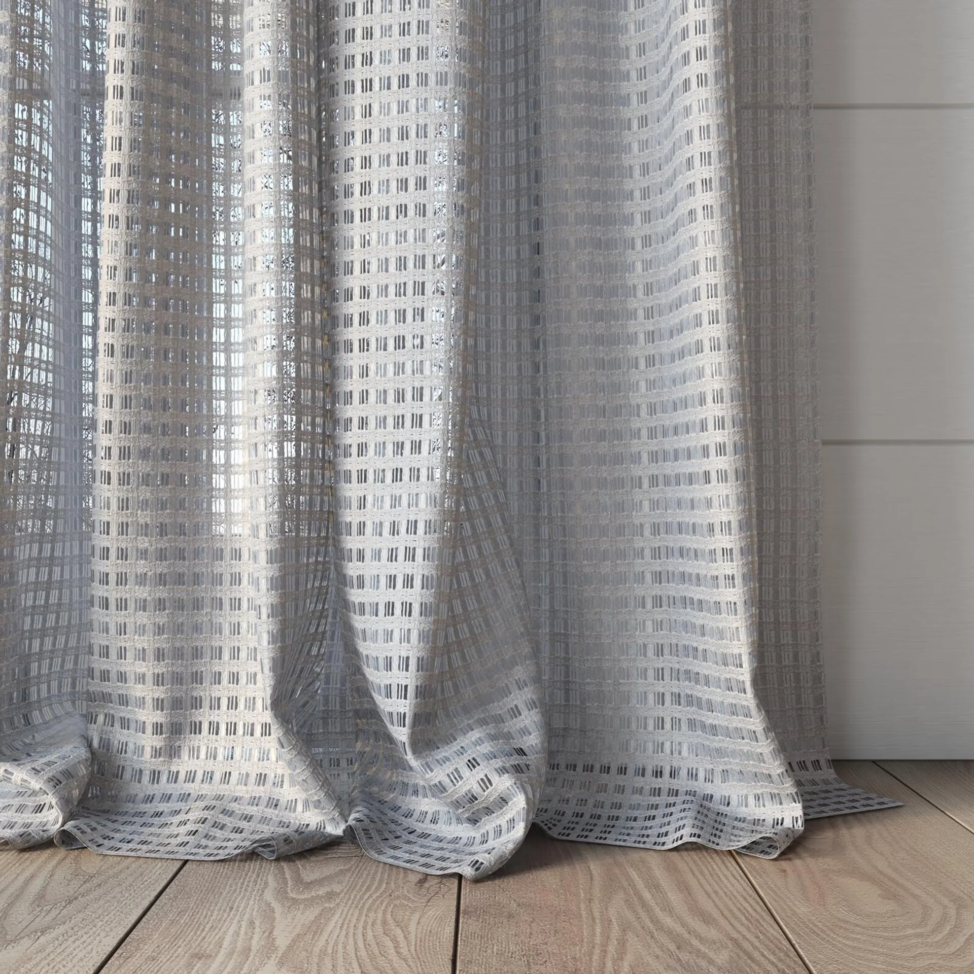 Bottom view of Bryce Flint, puddled, on curtain rod