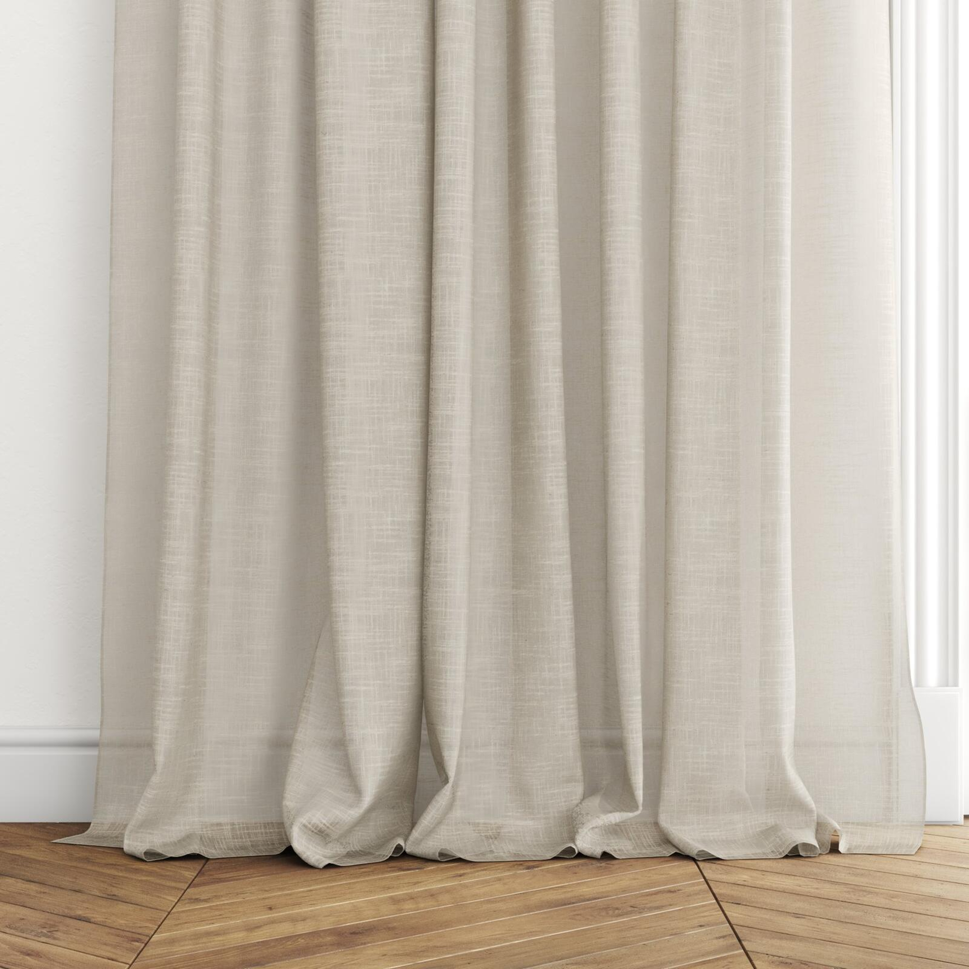 Bottom view of Savina Clay, puddled with pinch pleat, on curtain rod