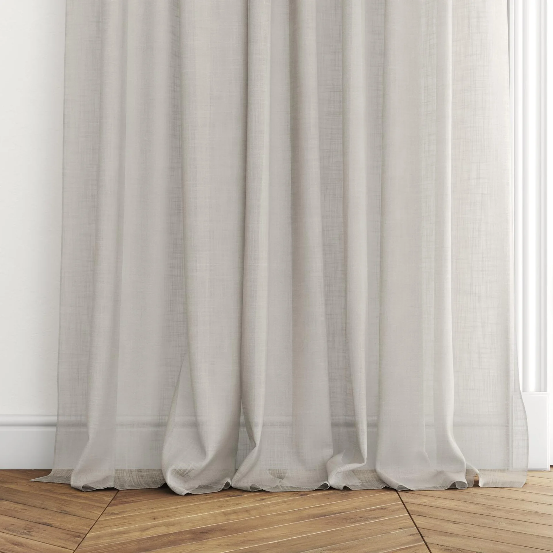 Bottom view of Coastal Mineral, puddled with pinch pleat, on curtain rod