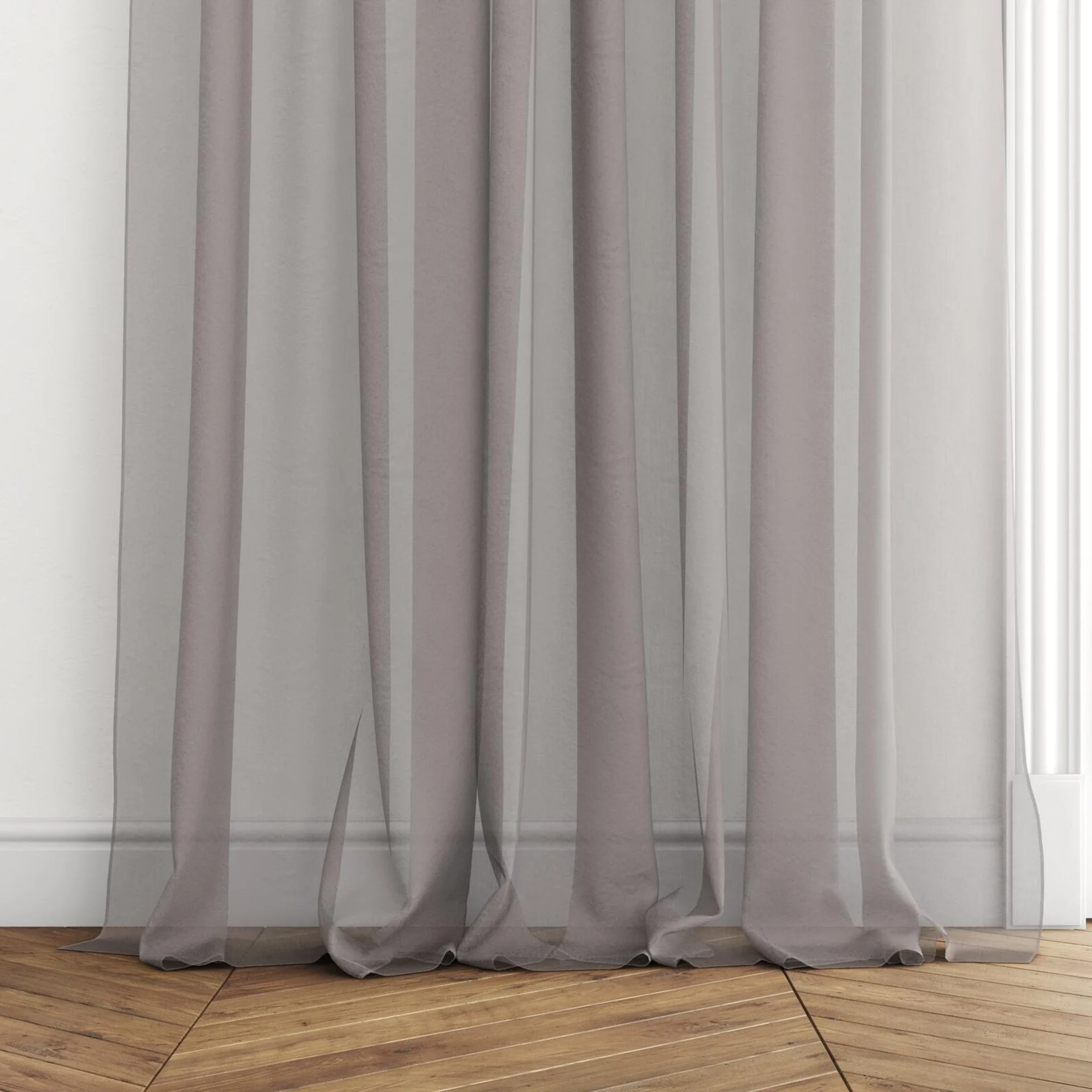 Bottom view of Selene Slate, puddled with pinch pleat, on curtain rod
