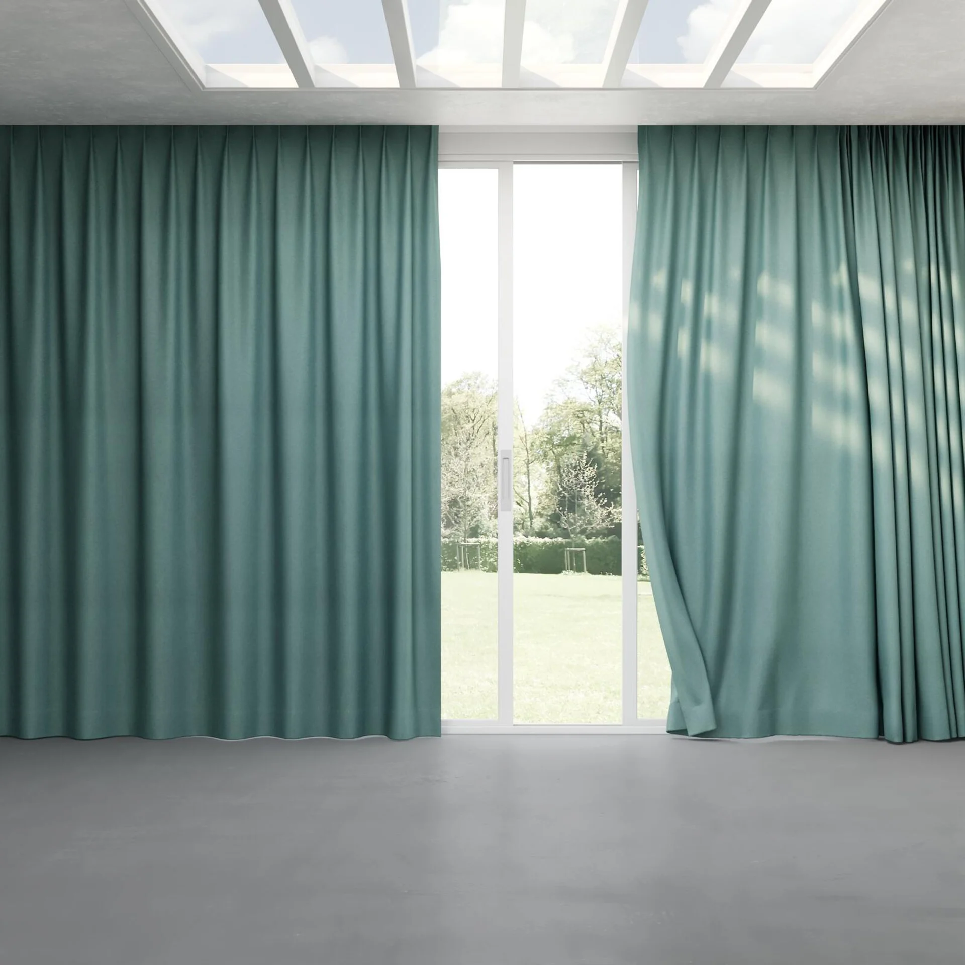 Full view of Liberate Turquoise, pinch pleat