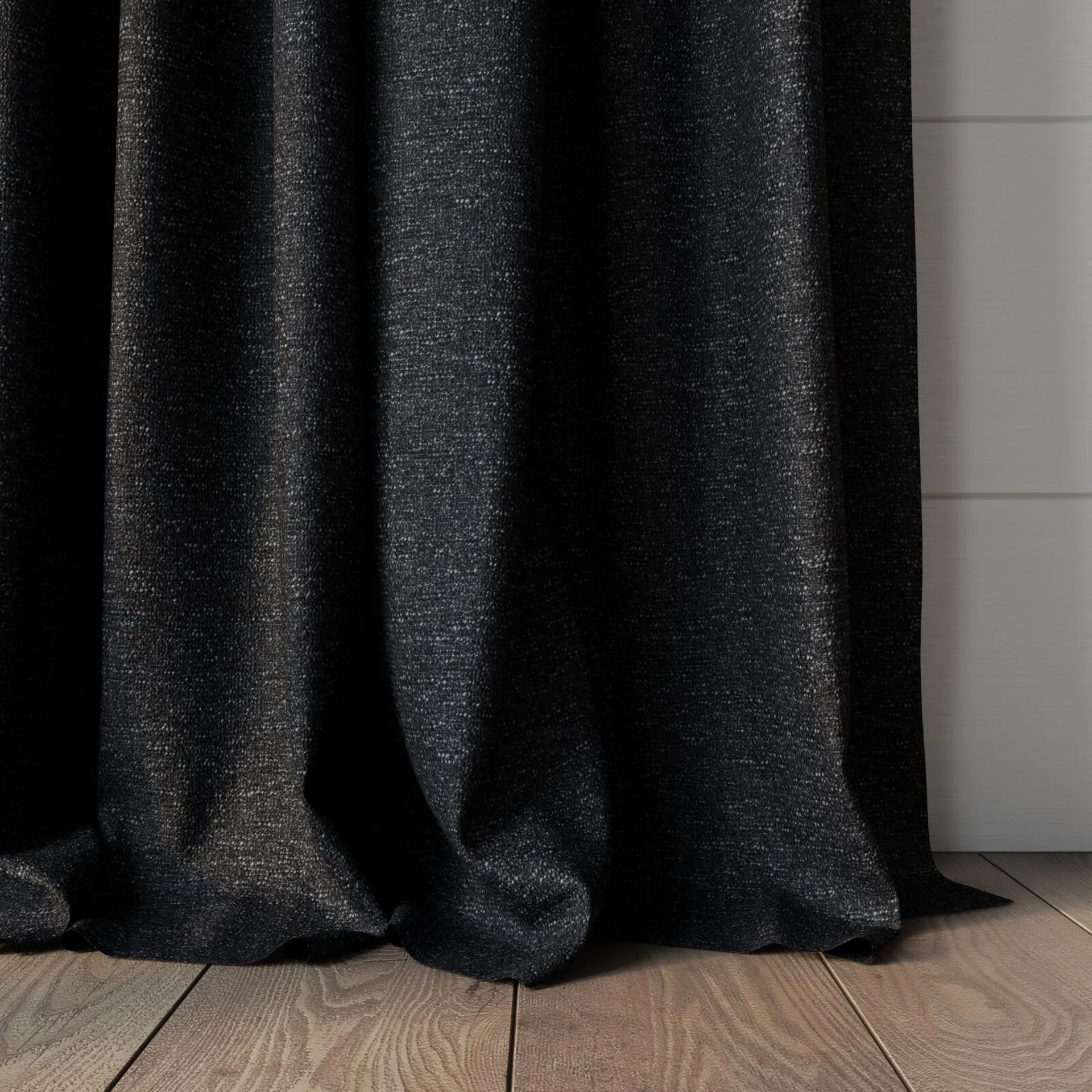 Bottom view of Bora Bora Soot, puddled, on curtain rod