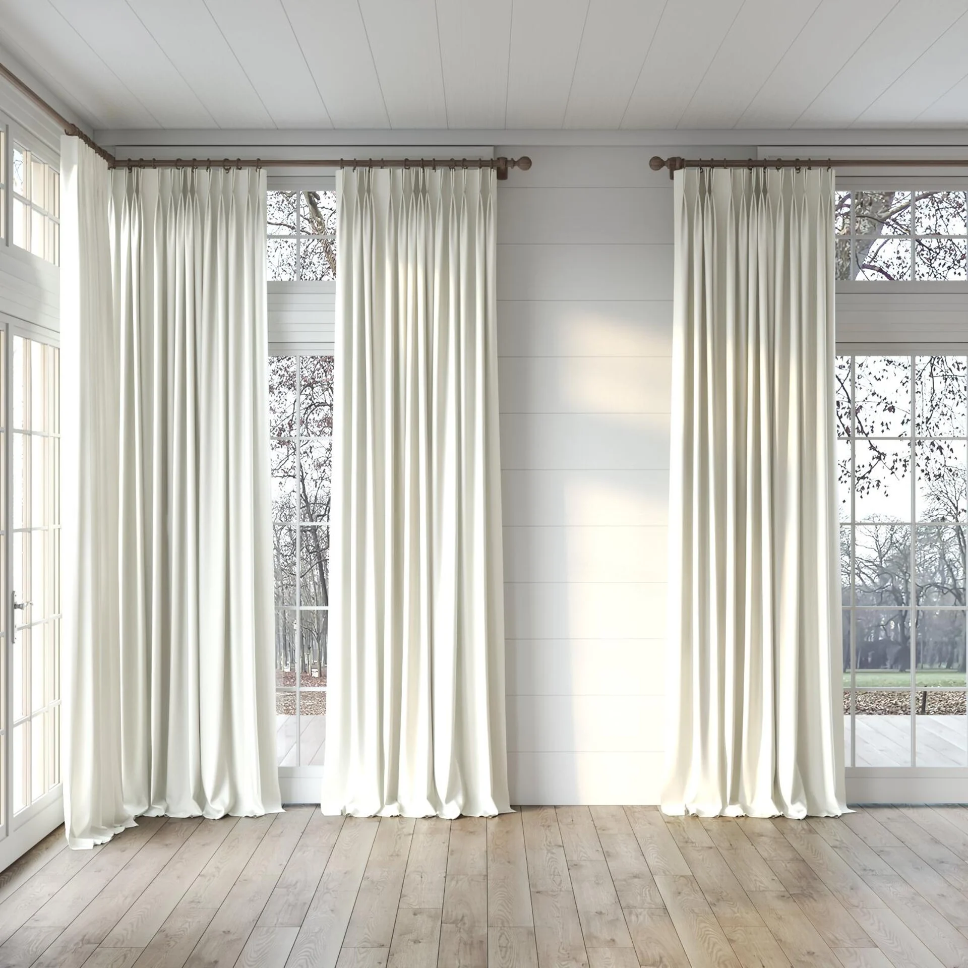 Full view of Brugge Cream, puddled, on curtain rod