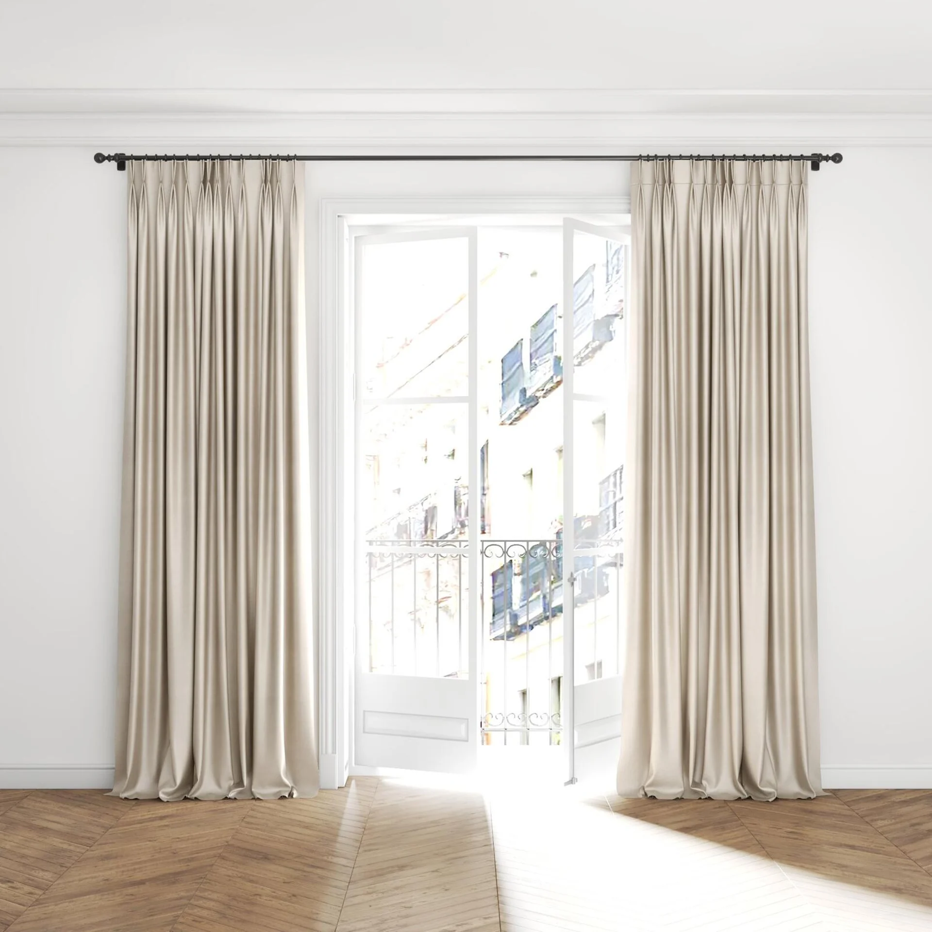 Full view of Glacial Nougat, puddled with pinch pleat, on curtain rod