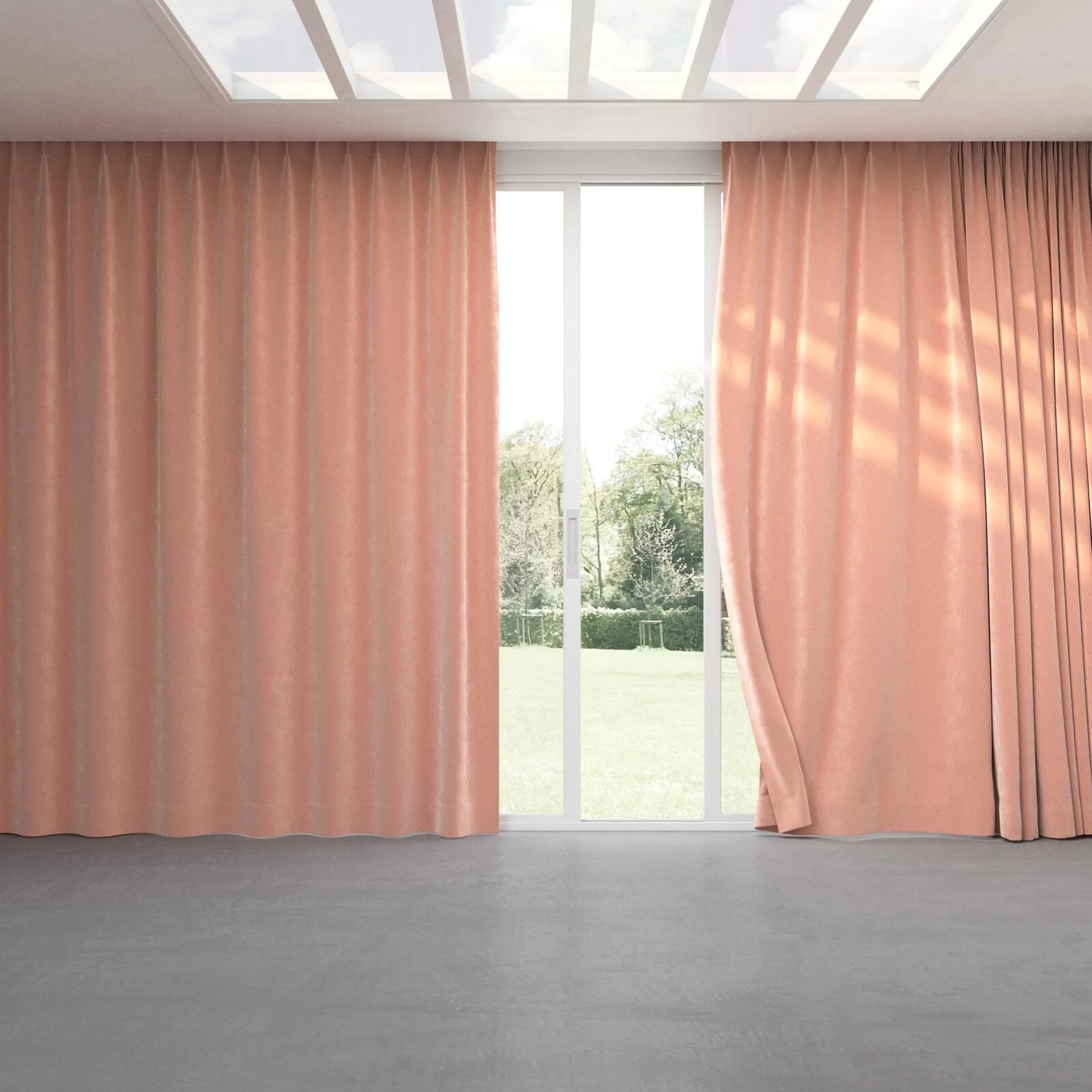 Full view of Lux Velvet Pink 8506, pinch pleat