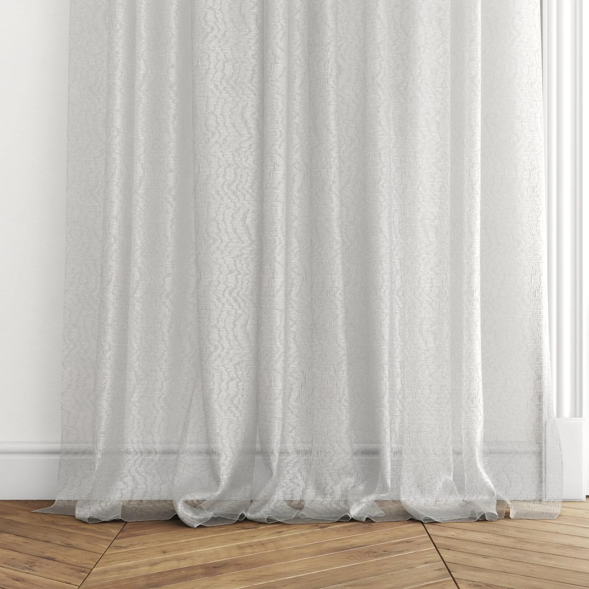 Bottom view of Jasmone Silver, puddled with pinch pleat, on curtain rod