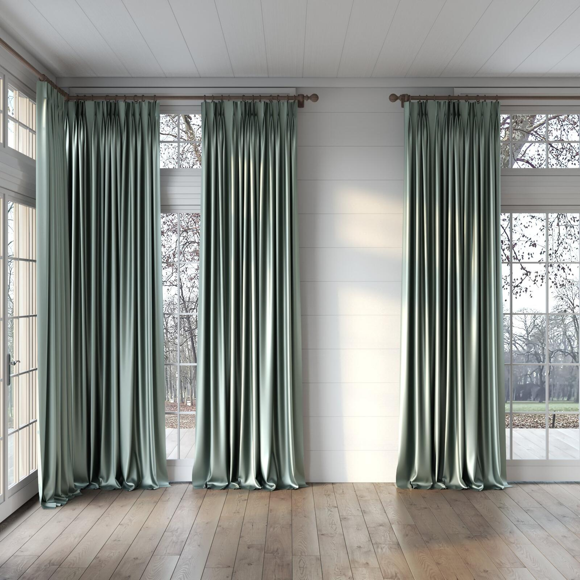 Full view of Moonbeam Celadon, puddled, on curtain rod