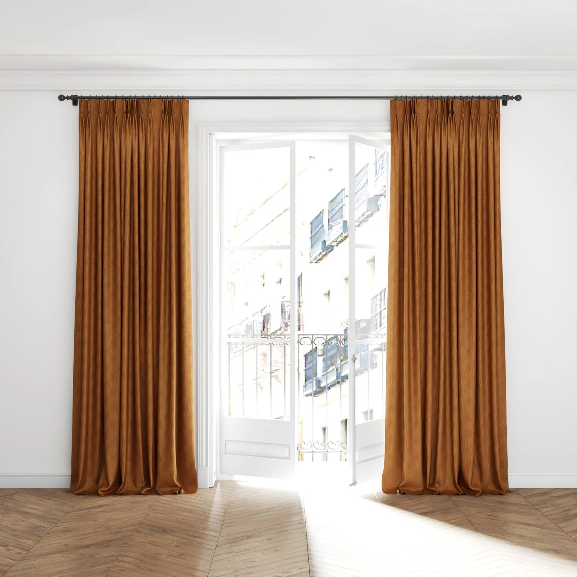 Full view of Trezor Canyon, puddled with pinch pleat, on curtain rod